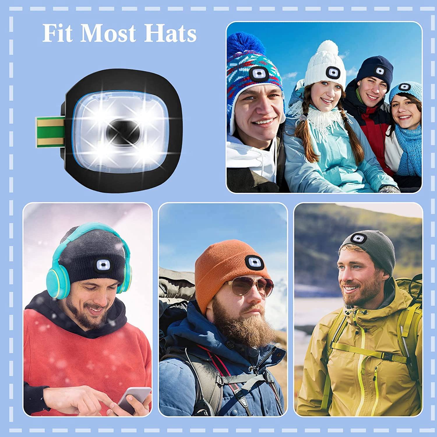 2 pezzi USB ricaricabile per beanie a LED, sostituibile per fai da te luce per uomini e donne