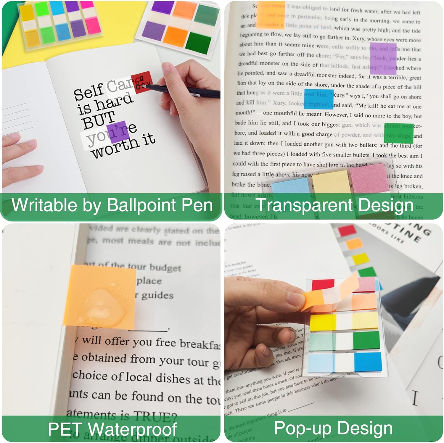 KICNIC Page Markers Sticky Index Tabs 400 Pcs, Fluorescent Pop Up Note Flags, 1.77 X 0.39 and 1.77 X 0.79 Inch Tabs for Notebooks, Sticky Notes Flags for Page Bookmarks, 4 On-The-Go Dispensers : Office Products