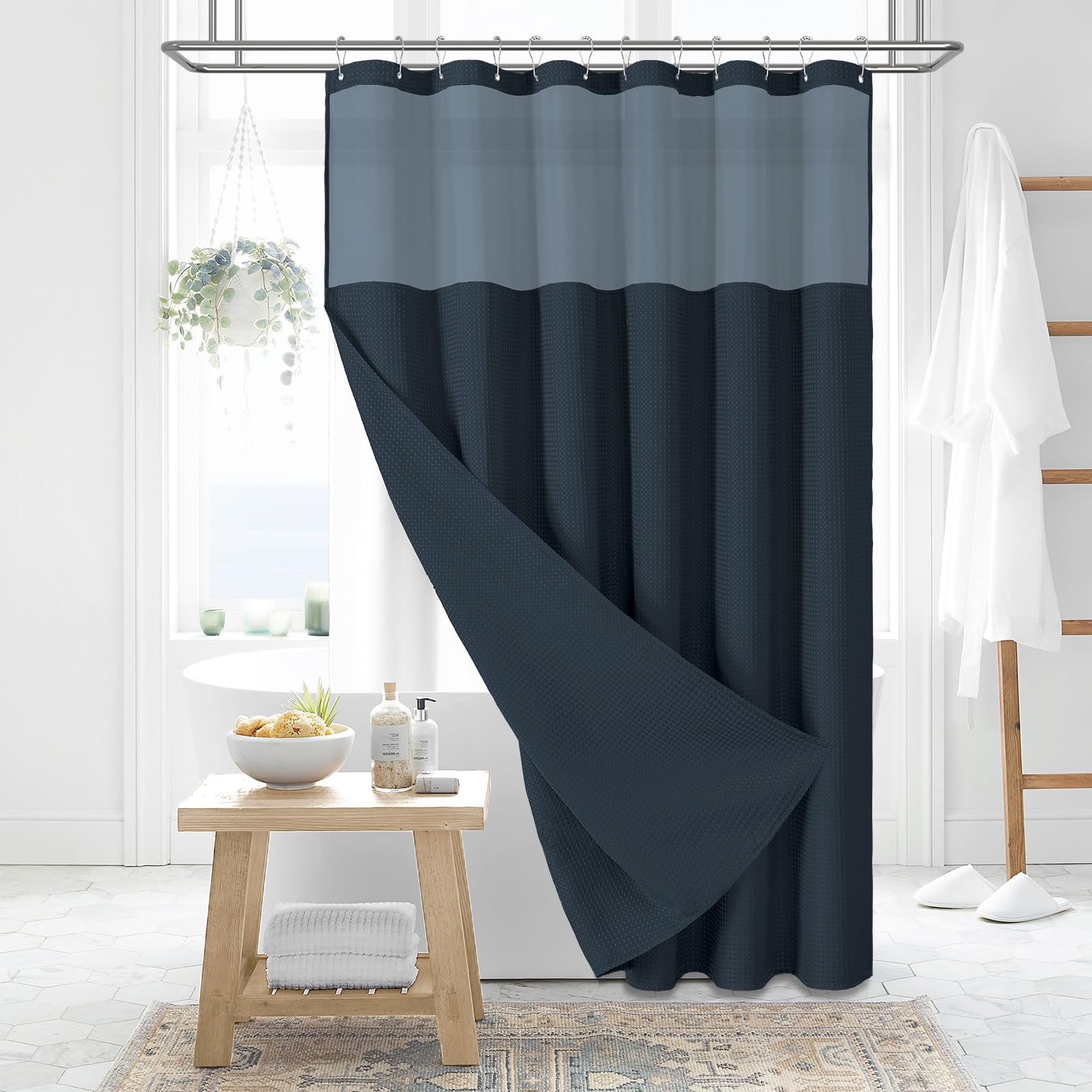 Dynamene Fabric Shower Curtain with Snap in Liner, Navy Blue Waffle Hotel Shower Curtains for Bathroom, Washable Waterproof Cloth Shower Curtain Liner