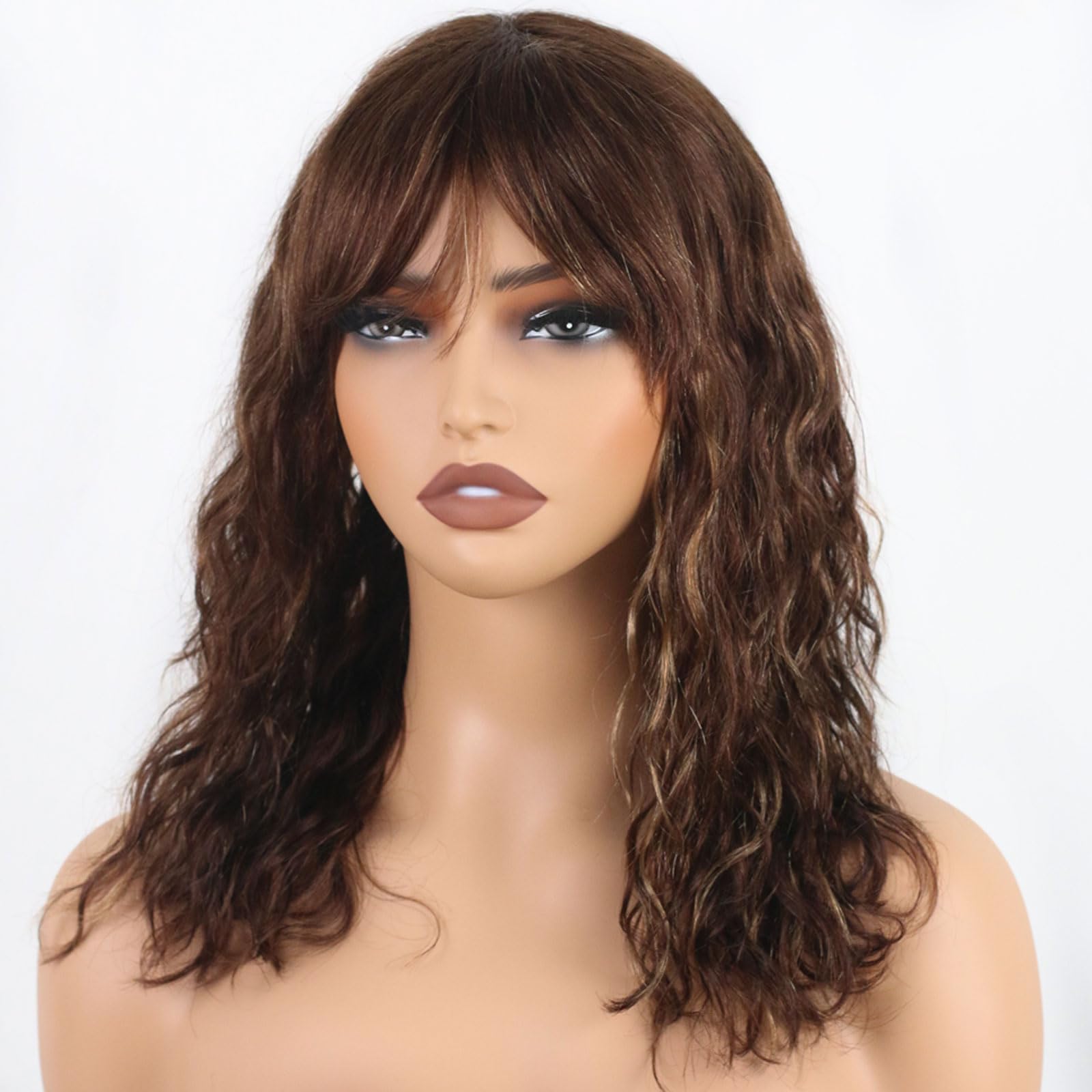 ManeMajesty 16 Inch Body Wave Wig with Bangs-Brown Blonde Highlights Balayaga 100% Human Hair, Dye Bleach Your Style, Tangle-Free, Daily Use or Party