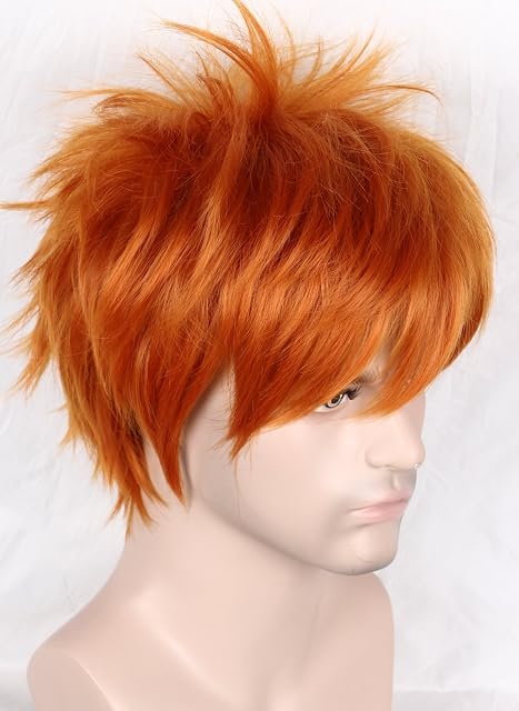 Foto 4 de 7 de Peluca Corta Unisex Recta Naranja Roja Para Cosplay Disfraz de Halloween Peluca Completa Para Hombres