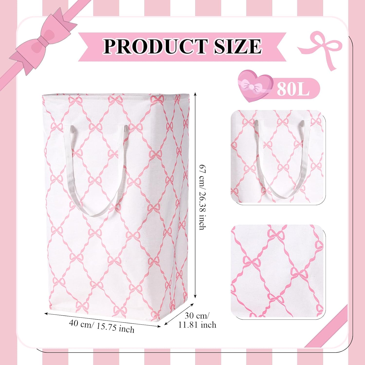 Leinuosen 2 Pcs 80l Large Bow Pink Laundry Hamper Basket with Waterproof Inner Lining, Collapsible Pink Clothes Storage Baskets Bin with Handles for Bedroom, Nursery & Home Organization(Grid)