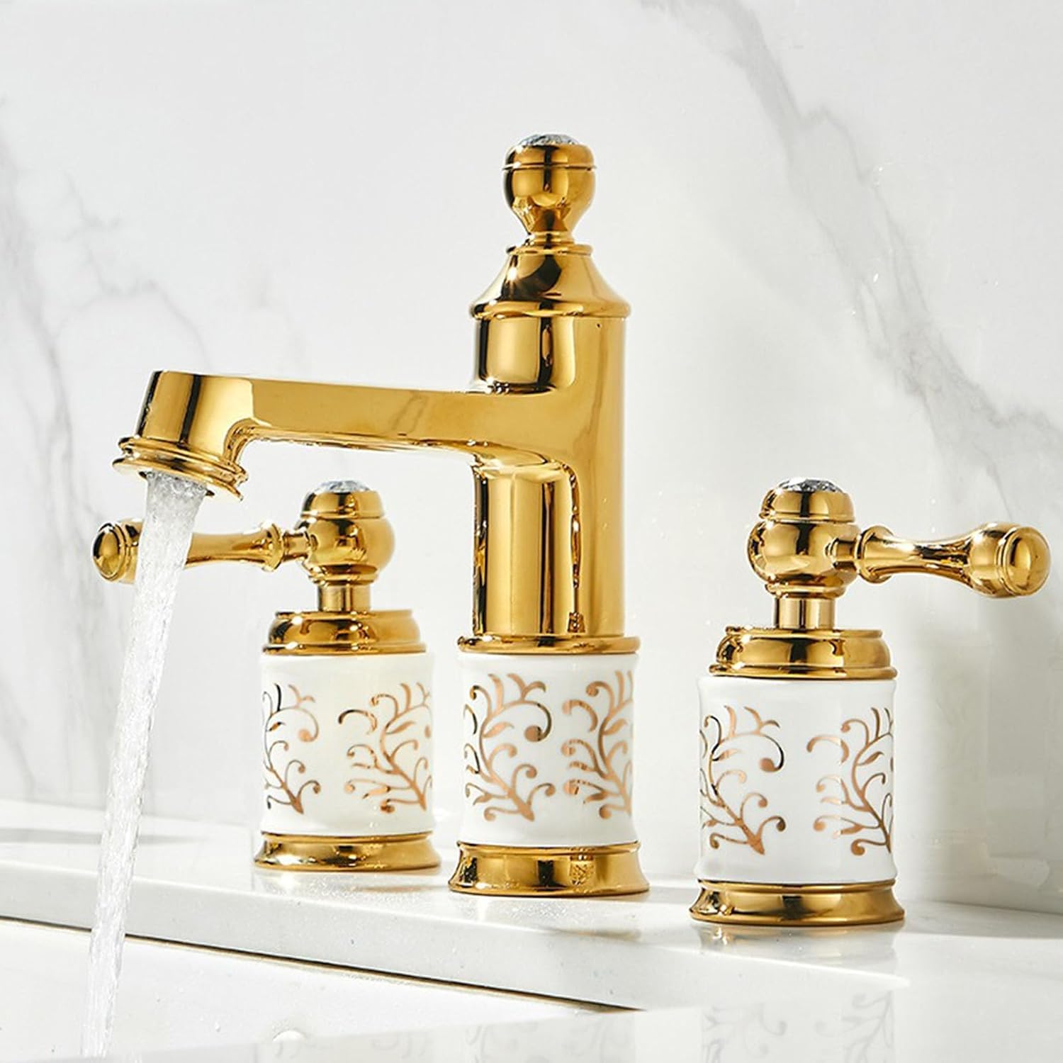 Robinet de bassin 3 trous mitigeur lavabo rétro double poignée eau chaude et froide Gold LWX