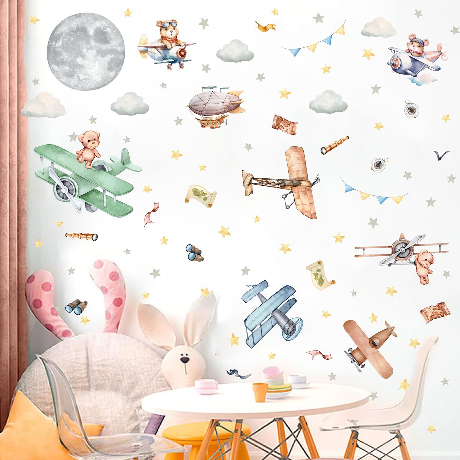 Autocollants muraux vintage en forme d'avion, avion, ballon, animal, lune, étoile, nuage, autocollants muraux en tissu pour chambre de garçon, chambre d'enfant, chambre d'enfant