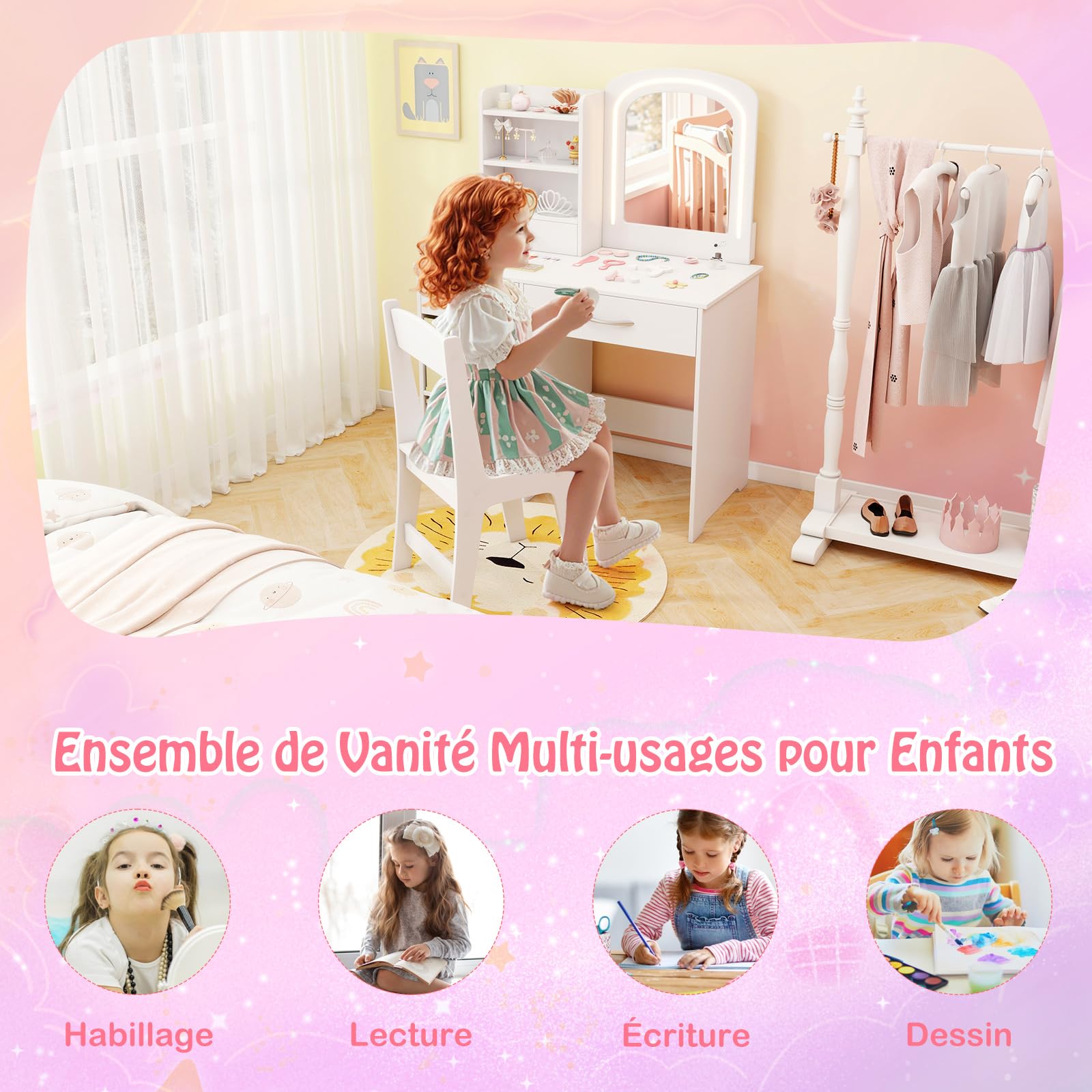 COSTWAY Coiffeuse Enfant Fille avec Chaise & Miroir Lumineux, Bureau Enfant Fille avec 3 Étagères & 3 Tiroirs & 2 Bacs en Tissu, Dispositif Anti-basculement, Charge 50/75kg pour Enfant de 3 Ans+