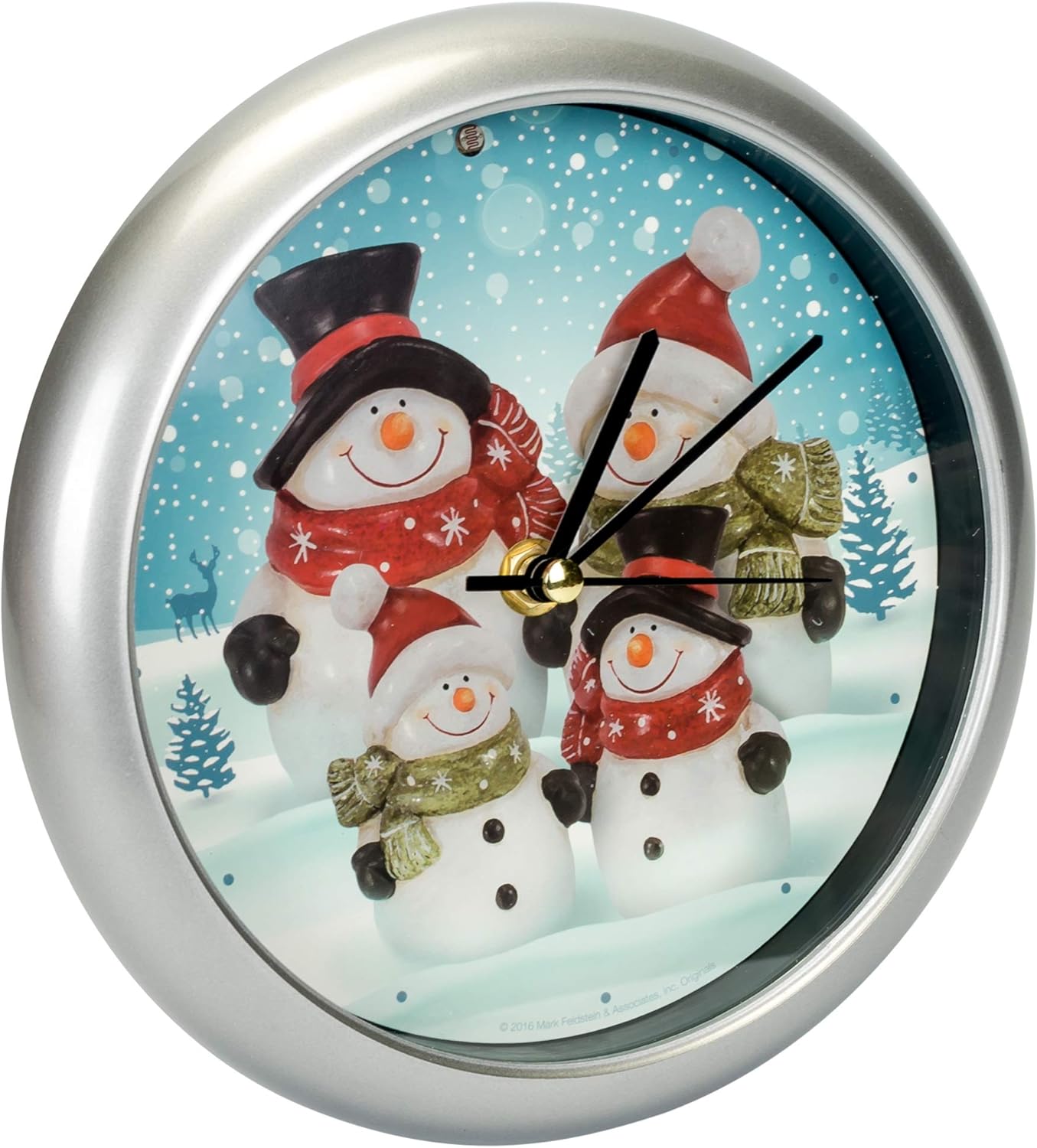 Mark Feldstein & Associates Snowman Family Winter Wonderland Round Silvertone Framed 8 Inch Musical Wall Clock