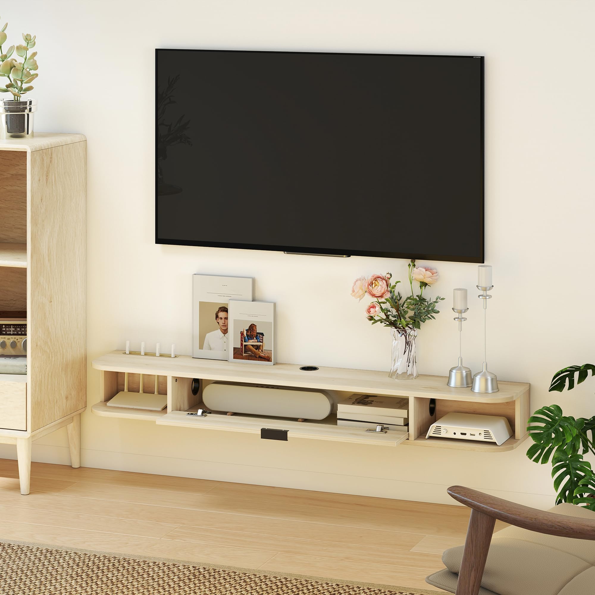 HOMCOM Mueble de TV Suspendido, Mueble de TV para Salón con Cajón Abatible, 2 Estantes Abiertos, Gestión de Cables, Estilo Moderno, para Televisión 60 Pulgadas, 140x24x16 cm, Madera Natural
