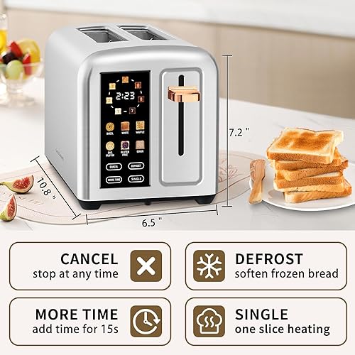 Miniatura 3 de SEEDEEM Tostadora de 2 rebanadas, pantalla táctil real con pantalla LCD, función de una sola rebanada, tostadora de acero inoxidable, calentamiento