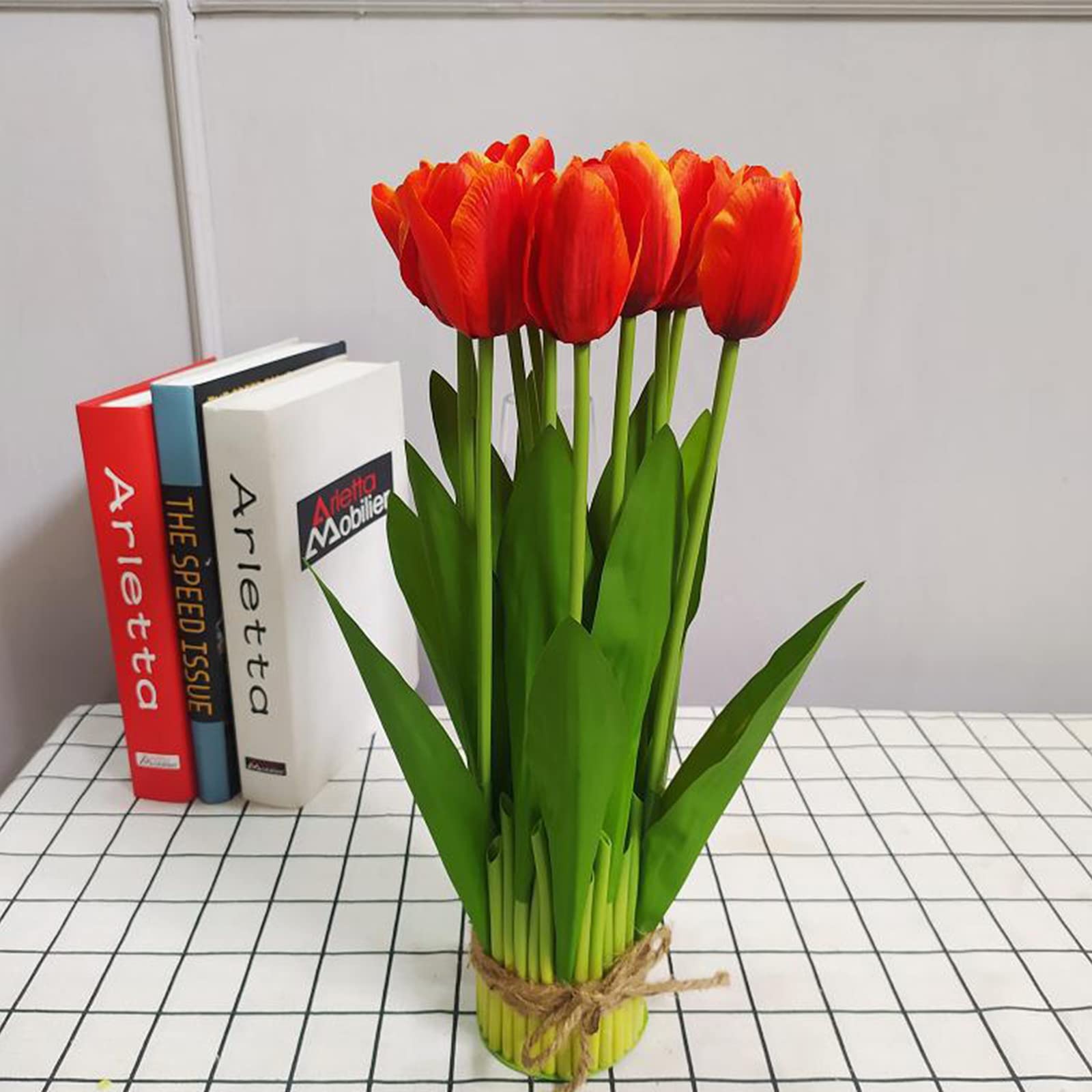 EESLL Artificial Tulips Flowers Bouquets, 14.2 Inch Simulation 12 Head Silk Cloth Tulips Flower Bunch Potted Decoration for Home Garden Flower Arrangement Pot Filling, Orange