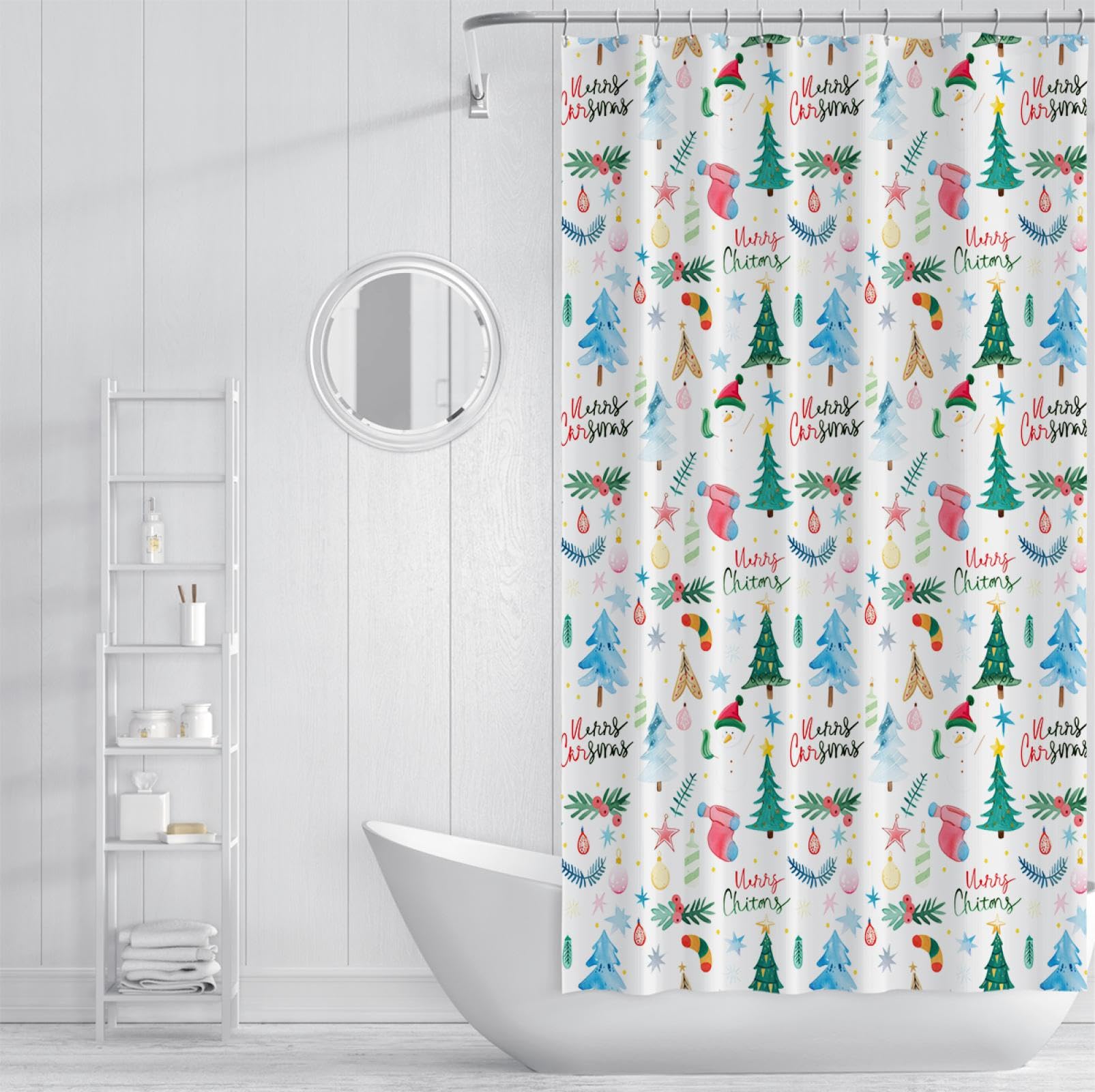 Cortina de Ducha con Tema navideño con Ganchos Calcetines Impermeables de árboles de Dibujos Animados Estrellas Cortinas de Ducha de Tela de Granja Ligeras para baño 200Bx200Lcm
