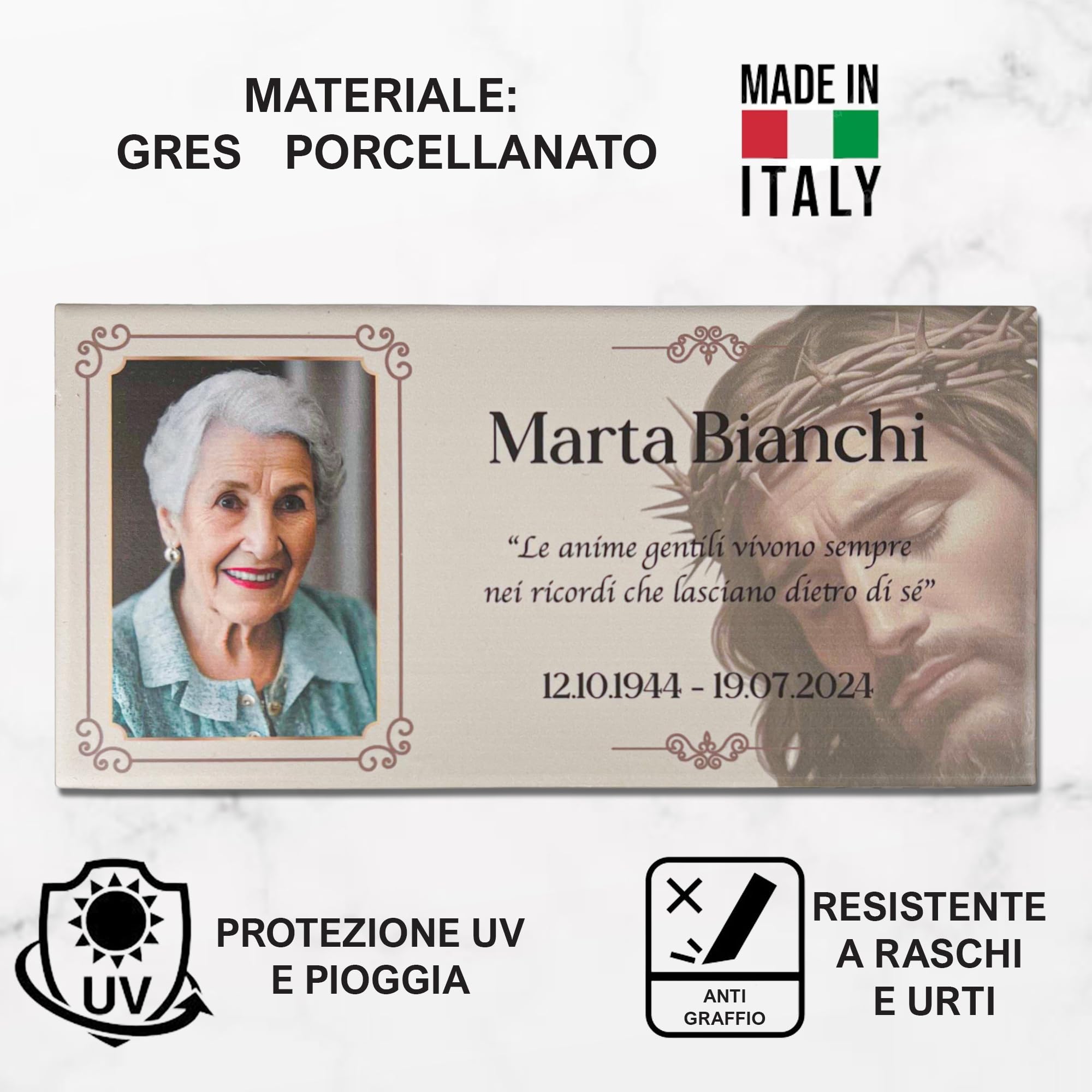 Targa Commemorativa Personalizzabile Gres Porcellanato Modello Gesù Misura 10x20 cm per Lapide Personalizzata, Foto Ceramica per Targa cimitero, con Foto, Nome, Date e Dedica