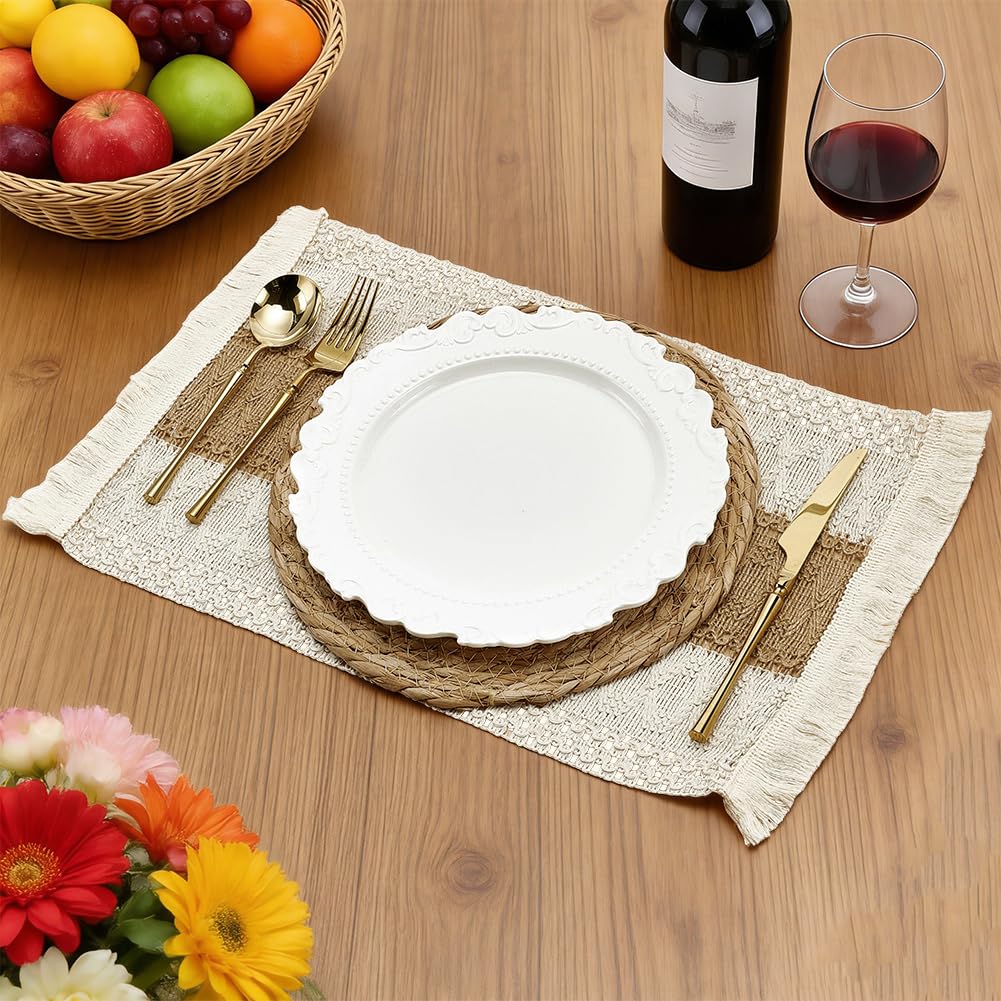UNICRAFTALE Ensemble de 12 Sets de Napperons Bohème Faits à la Main en Rotin 12 Napperons de Table Rectangulaires avec Frange et 12 Napperons Ronds en Jonc Napperons de Style Ferme Tissés pour Cuisine