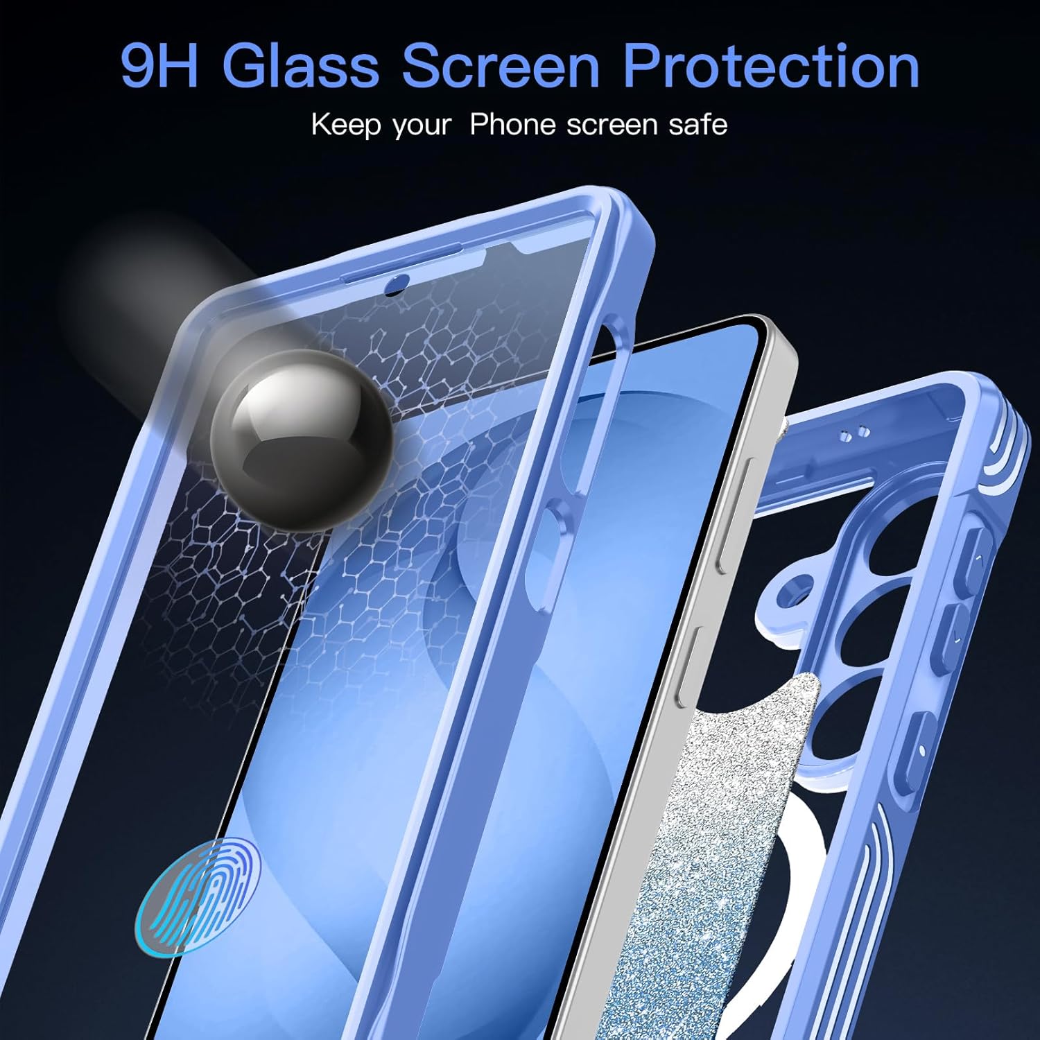 Hekodonk for Galaxy S26 Case Magnetic,[Compatible with Magsafe][Built-in Tempered Glass Screen Protector] [Glitter Card] Full Body Bling Case for Samsung Galaxy S26,Blue