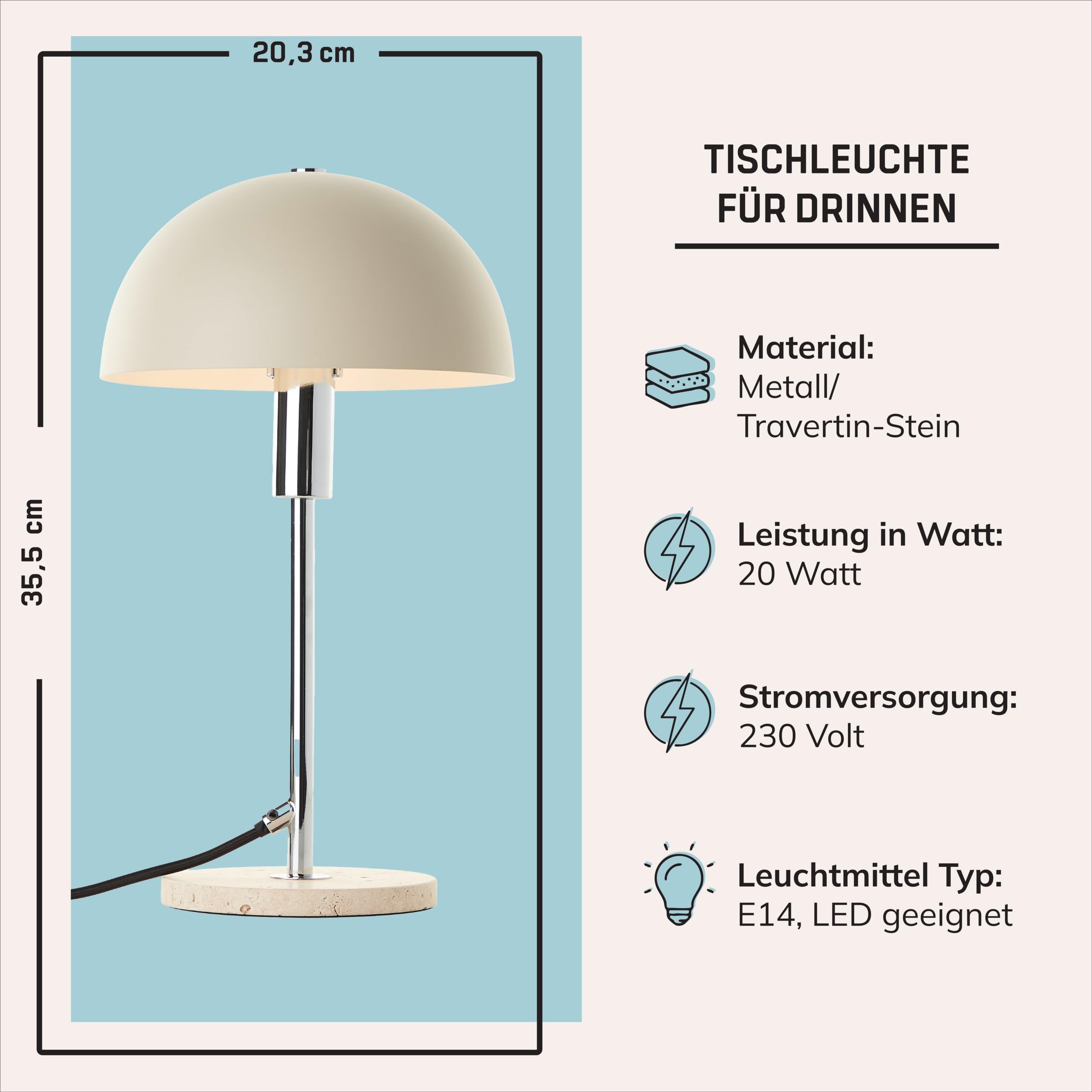 Lightbox Lampa stołowa w kształcie grzybka, wysokość 36 cm, Ø 20 cm, lampa biurkowa z przełącznikiem i podstawą z trawertyny, jako lampka nocna, akcesoria biurowe, wykonana z metalu w kolorze czarnym