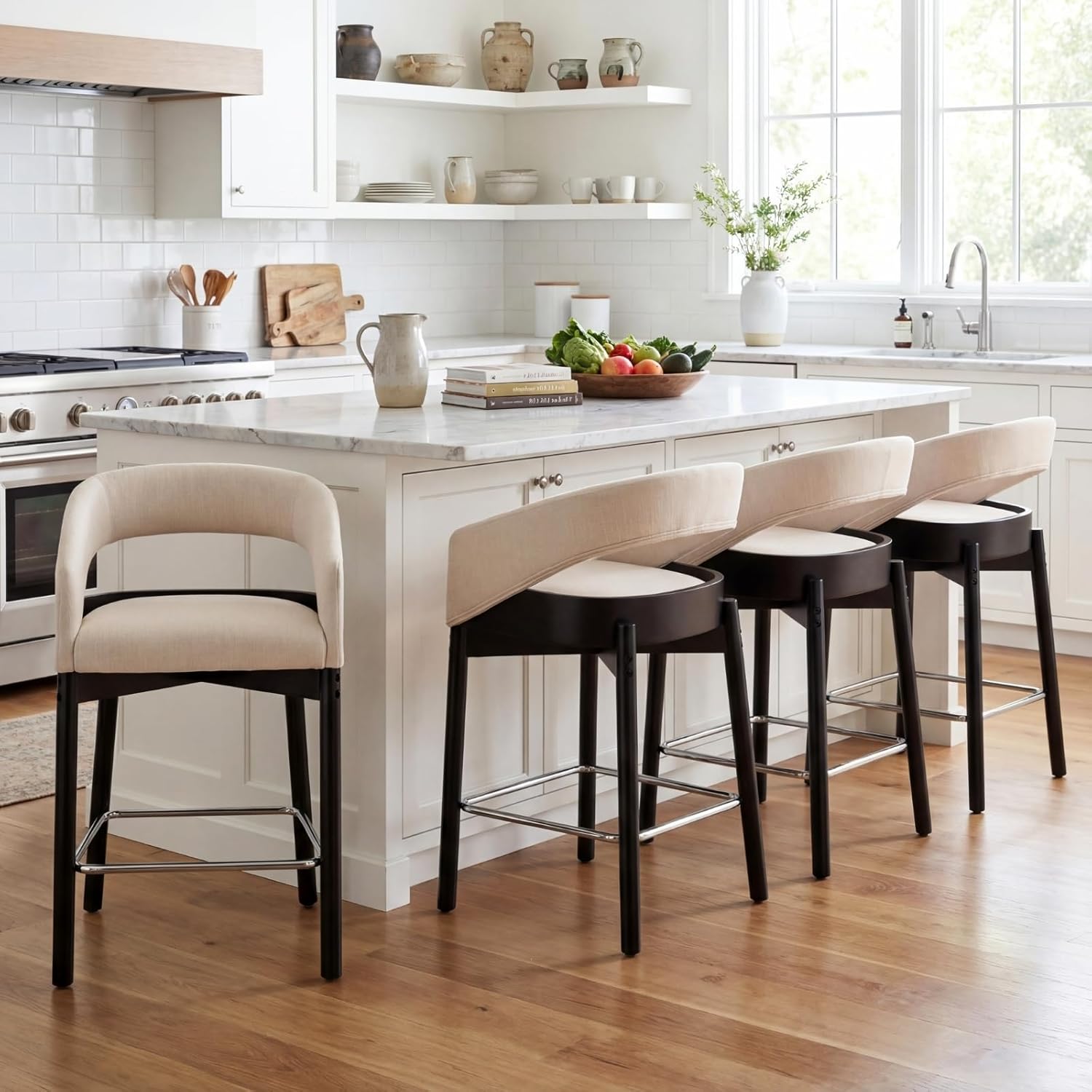 DUOMAY Mid Century Linen Bar Stools Set of 4, 26‘‘ Upholstered Counter Height Bar Stool with Curved Back and Footrest Modern Counter Stools for Kitchen Island Home Bar, Beige