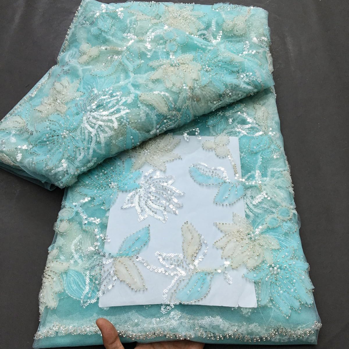 African Lace Fabric 5 Yards, Nigerian Jacquard Embroidery Textile Mesh Lace Fabric with Beads and Sequins for Party Dress Sewing