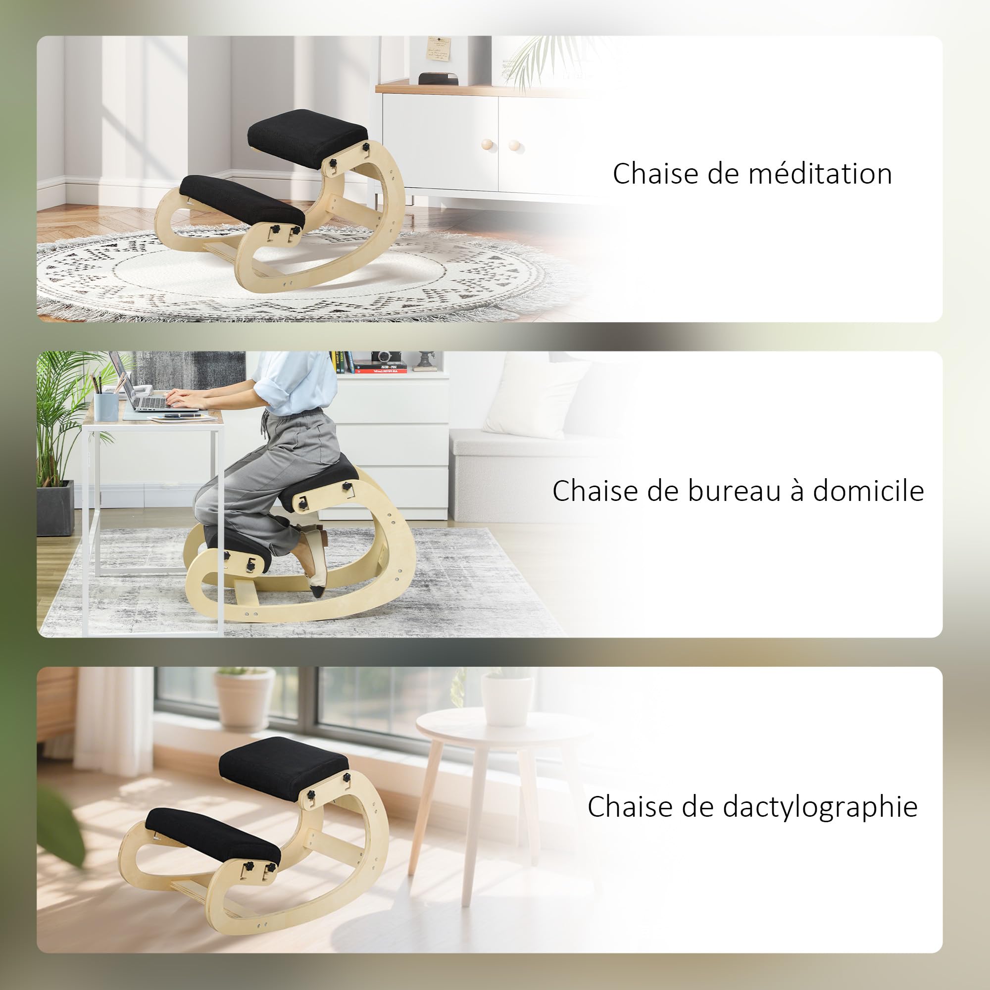 HOMCOM Asiento de Rodilla, Asiento Ergonómico de Madera basculante, Silla de Rodilla ajustable para Oficina en casa, Mejorar la Postura, Dolor de Espalda, Negro