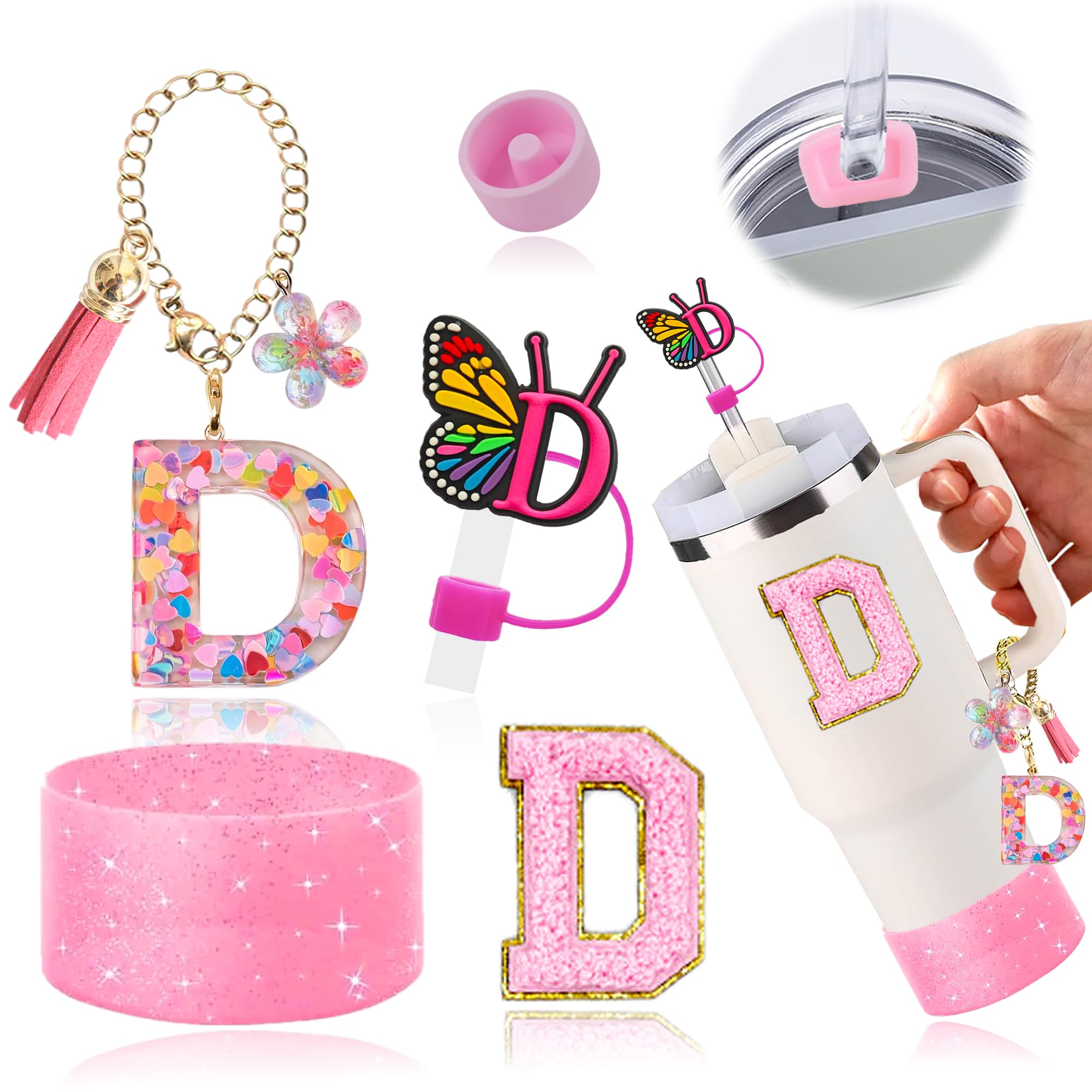 Stanley Cup Accessories Set of 6 PCS, Pink Glitter Letter Theme with Keychain, Butterfly Straw Topper, Silicone Boot, Patch & Cup Decor Kit,Water