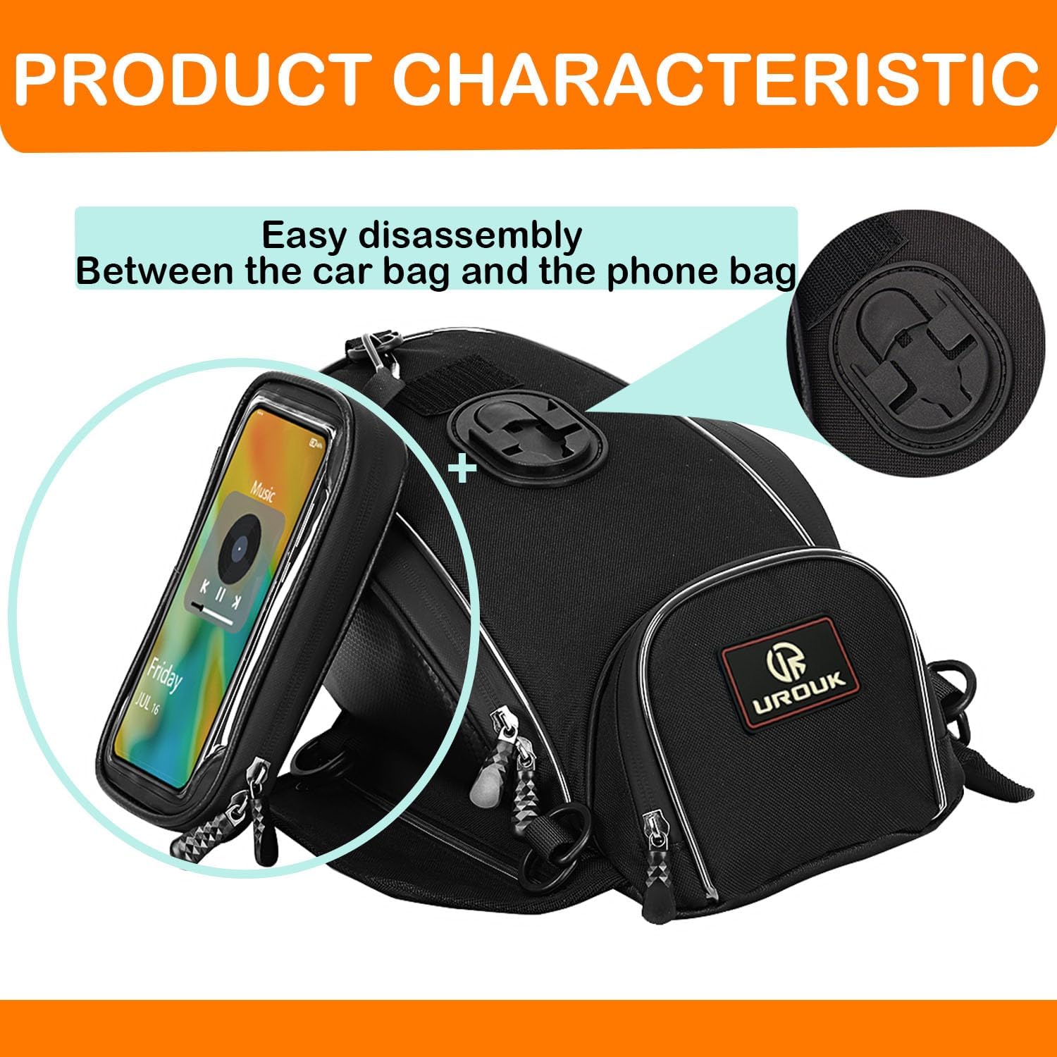 Motorcycle Tank Bag Magnetic, Featuring an Touch Screen Cell Phone Bag up to 7.2 Inch, Universal Gas Oil Fuel Tank Bag with Waterproof Cover & 3 Magnets & 4 Straps & 1 Shoulder Strap