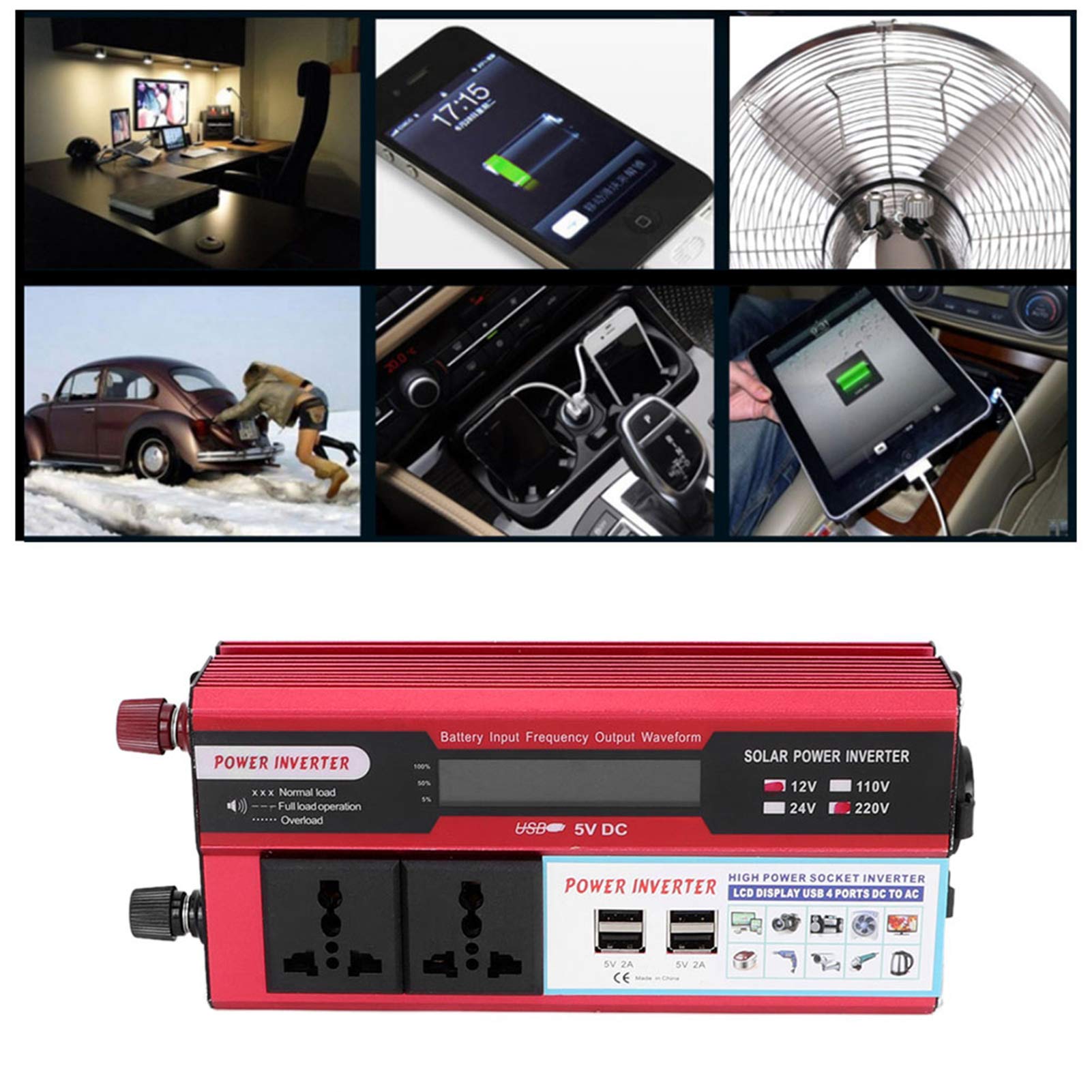 CHICIRIS Samochodowa Przetwornica Napięcia Falownik 750 W, Fala Sinusoidalna Modyfikowana Stopem Aluminium z Wyświetlaczem Cyfrowym 4 ładowarki USB, DC 12 V do 220 V 240 do Podróży Samochodem W