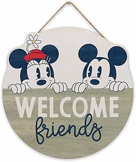 Open Road Brands Disney Mickey Mouse and Minnie Welcome Friends Round Hanging Wood Wall Decor - Cute Mickey Mouse Sign for Home Decorating