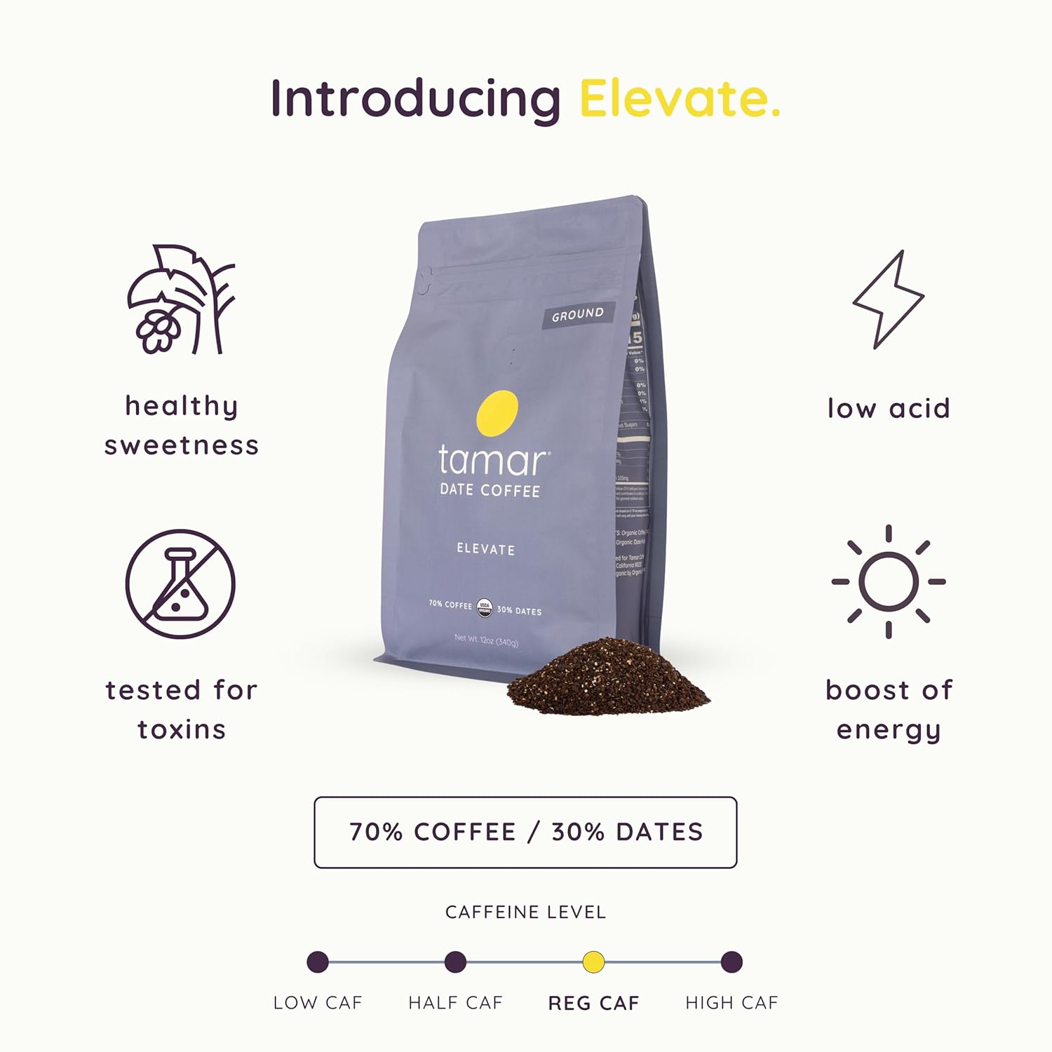 Elevate by Tamar Date Coffee | Organic Blend of Coffee & Whole Dates | Low Acid Ground Coffee | Healthy Sweetness | Lower Caffeine | Tested for Mold, Mycotoxins & Heavy Metals | Medium Roast | 12oz bag