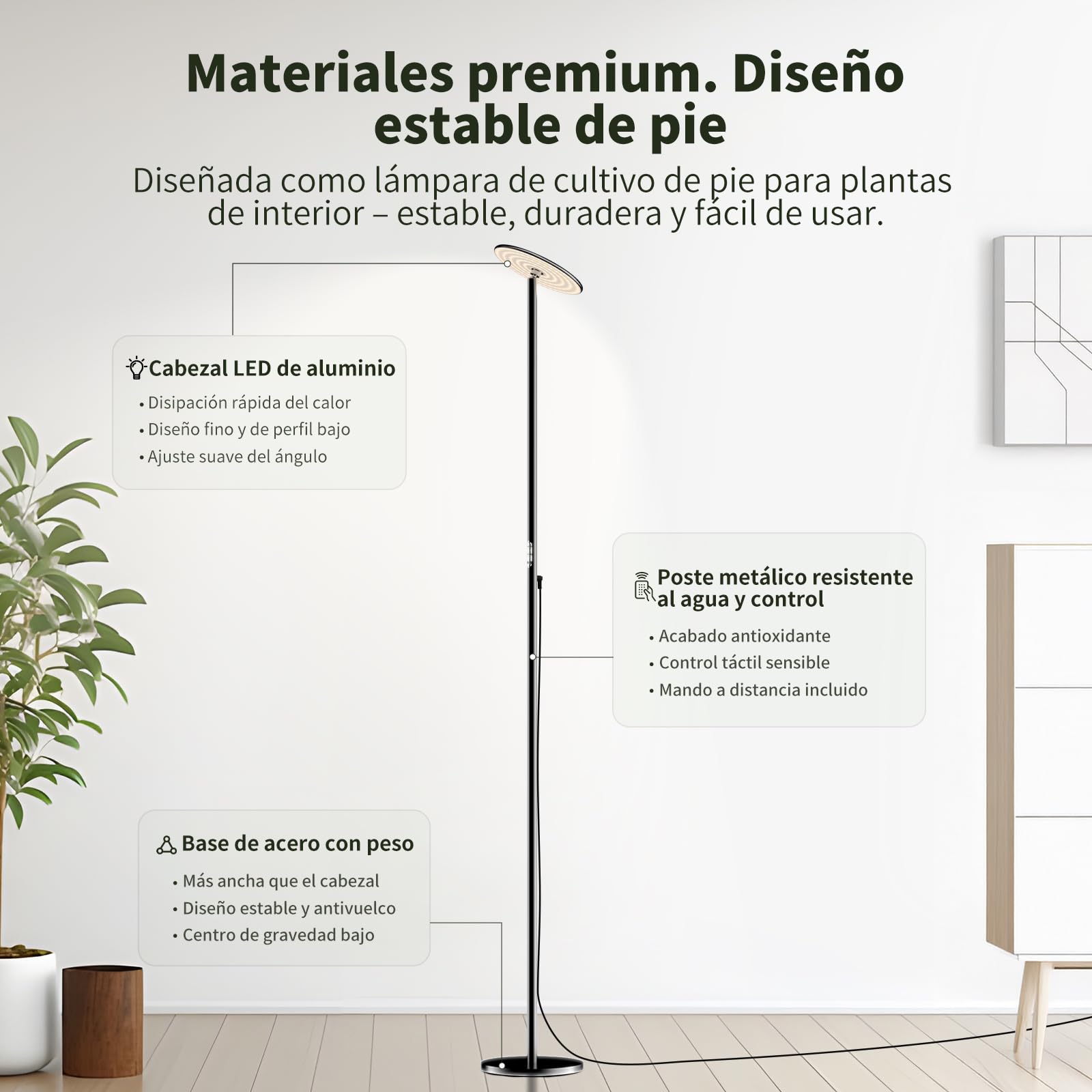 Luz para Plantas Interior 60W, Lámpara de Crecimiento LED Espectro Completo de Pie, Altura Ajustable 216 cm, Regulable 2300–6500K, Temporizador 4/8/12H y Mando, para Plantas Grandes