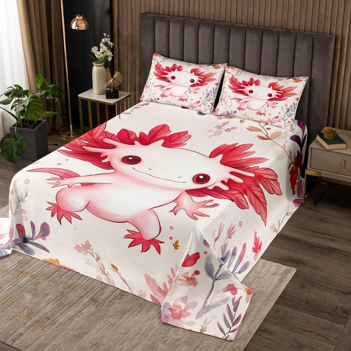 Erosebridal Christmas Axolotl Kids Bedspread Set Pink Kawaii Axolotl Twin Quilt Set for Girls,Cartoon Animal Coverlet Set Winter Snowflakes Bedding Set 1 Pillow Case