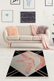 Pelangi Geometrik Mermer Desenli Gold Dijital Baskı Yıkanabilir Kaymaz Taban Leke Tutmaz Modern Salon Halısı, Siyah-Pembe-Gold 80 x 300