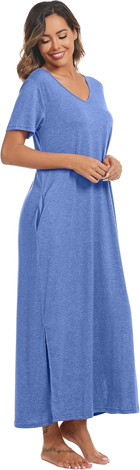 Marvmys Women Short Sleeve Nightgown Cotton Long Nightshirts with Pocket - Image 7
