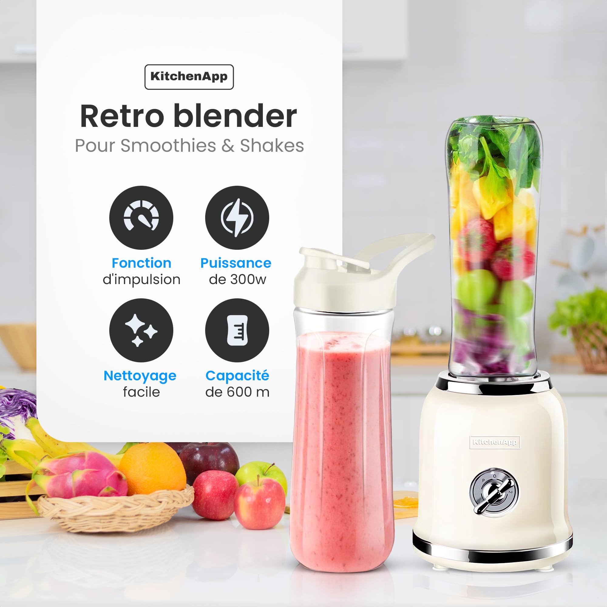 Mixeur Électrique avec 2 Bouteilles Portables de 600 ml sans BPA pour Smoothies | Mixeur Multifonctionnel pour Milkshakes Fruits | 6 Lames en Acier Inoxydable