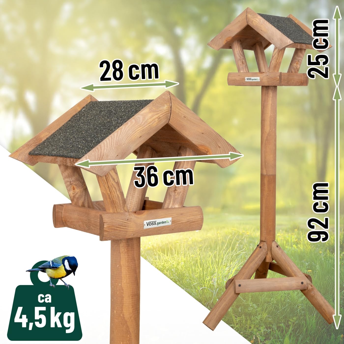VOSS.garden Vogelhaus Vinde, braun, Bitumendach, 117cm, Futterhäuschen inkl. Ständer