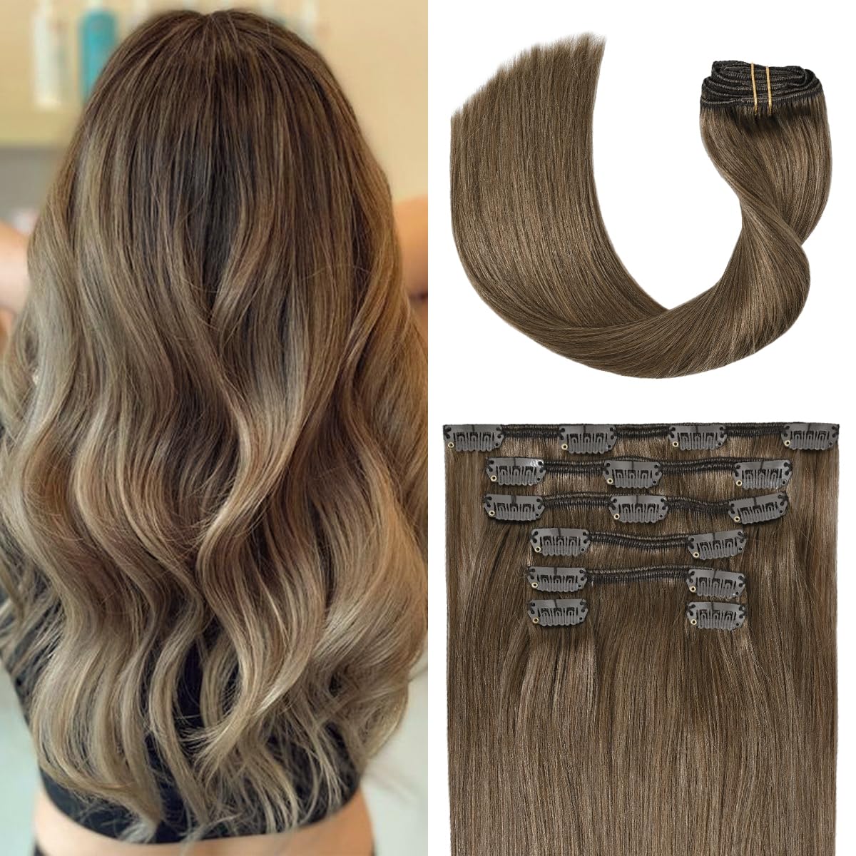 UGOTRAYS Clip in Hair Extensions Real Human Hair 70G Ash Brown Remy Human Hair Clip in Extensions 18 Inch Soft Silky Straight for Full Head 7pcs 16clips One Pack (18 Inch #8)