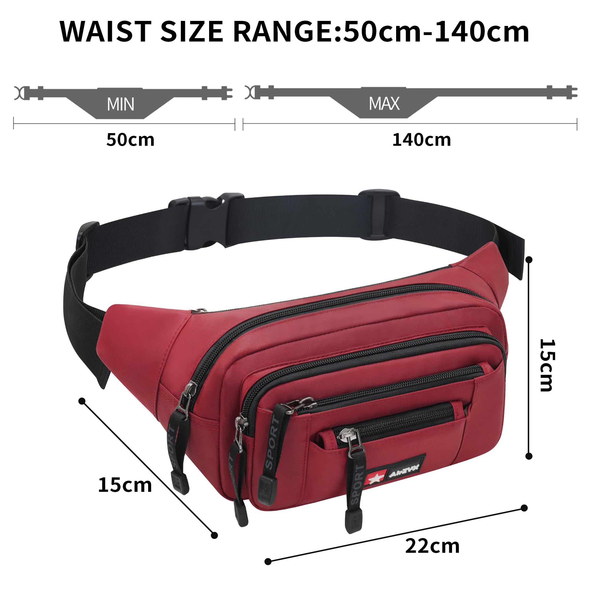 Sac Banane Homme Femme Imperméable Ceinture de Voyage Sport Pochette Ville de Sécurité pour Cacher et Protéger Argent Sacoche Banane 6 Poches Randonnée Vacance