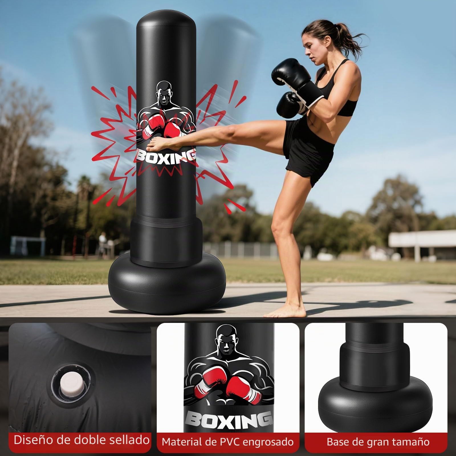 Qoosea Saco de Boxeo Adulto, 180cm Bolsa de Boxeo Inflable de Pie con Guantes, Mujeres Hombres Stand Kickboxing Bolsas, Punching Ball Estable para Karate MMA Taekwondo Thai Fitness