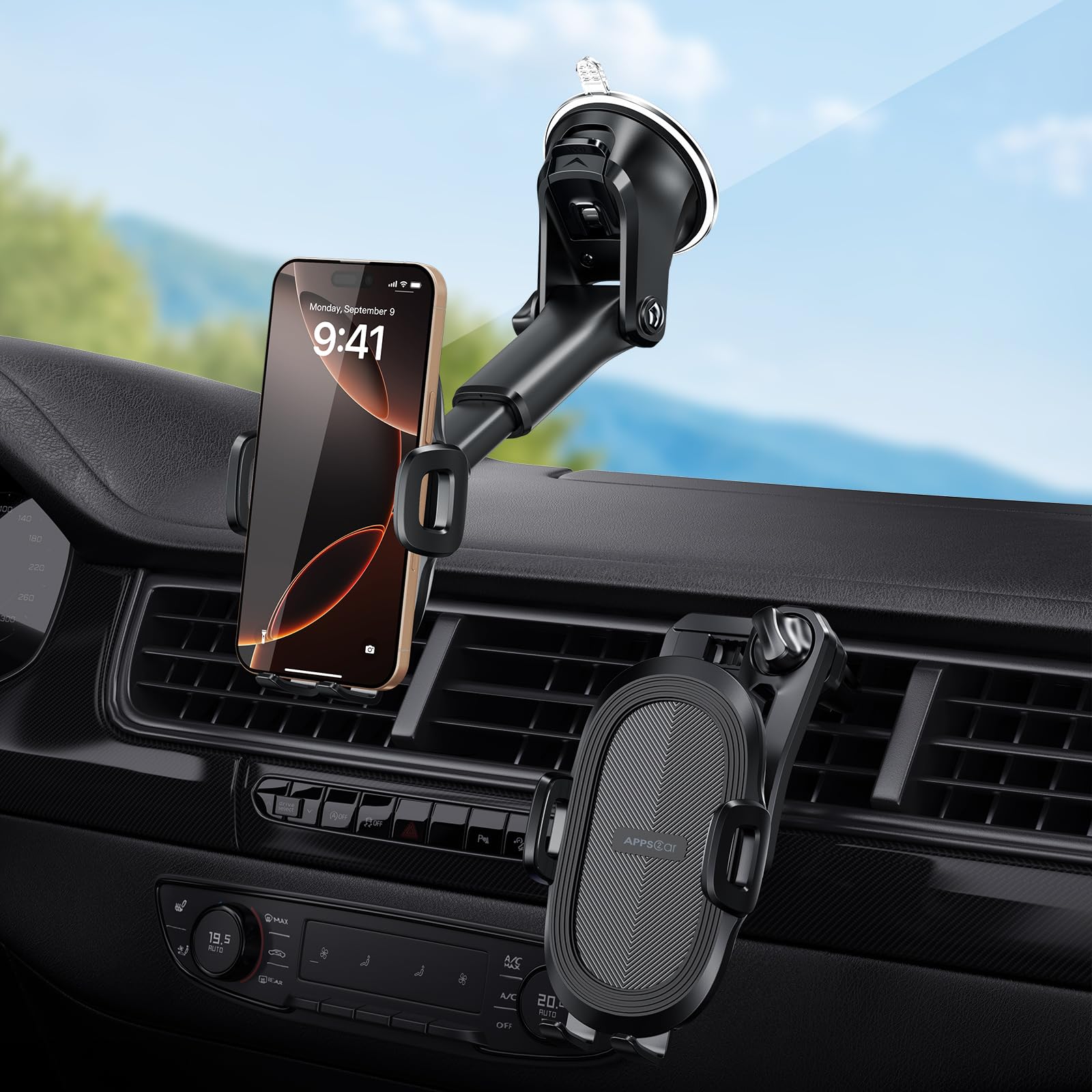 APPS2Car Samochodowy uchwyt na telefon, deska rozdzielcza, solidny uchwyt na przyssawkę, uniwersalny uchwyt 360° do kompatybilnego iPhone'a 12/11/11/Pro, Samsung S21 i innych (przyssawka +