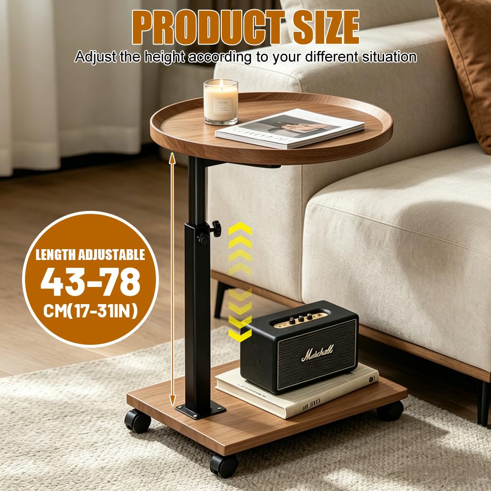 Tavolino girevole a 360°, tavolino con ruote, altezza regolabile 45-80 cm, forma a C, tavolino rotondo piccolo per divano, letto e ufficio (colore legno naturale)