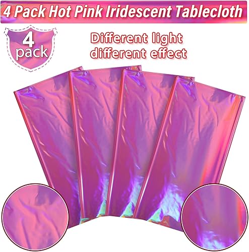 Miniatura 4 de Paquete de 4 manteles de plástico iridiscente rosa intenso, desechables con láser, manteles rectangulares con láser, manteles de papel de aluminio