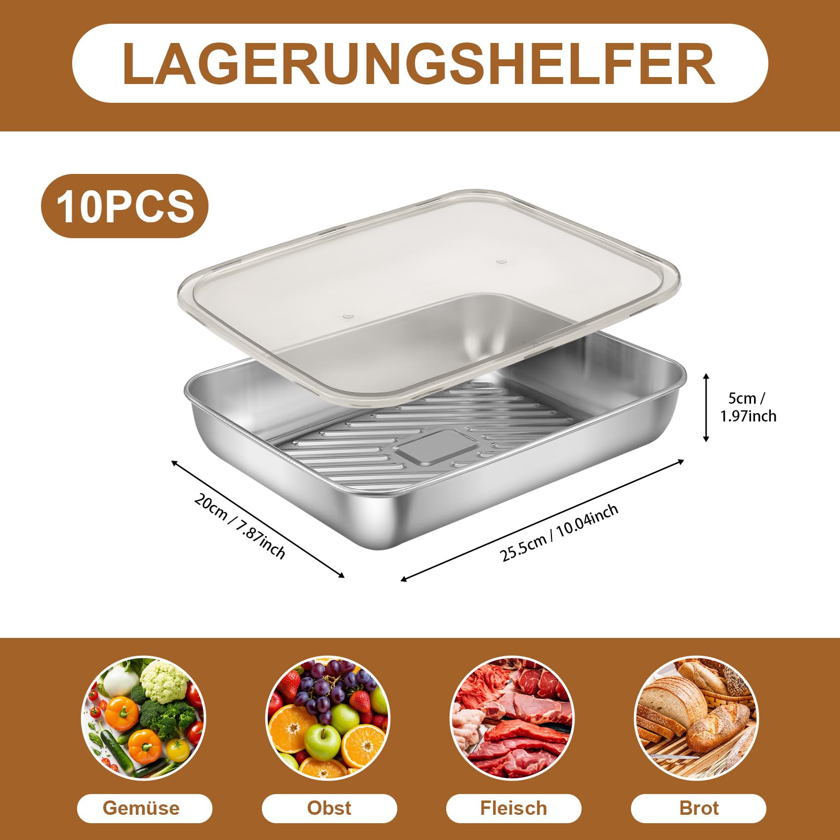 Nagoyuki Set mit 10 Aufschnittboxen für Kühlschrank,Edelstahl Lebensmittel Aufbewahrungsbox mit Sichtdeckel,Wurst Aufbewahrung Kühlschrank, Kühlschrank Organizer für Käse,Fleisch (25.5 * 20 * 5cm)