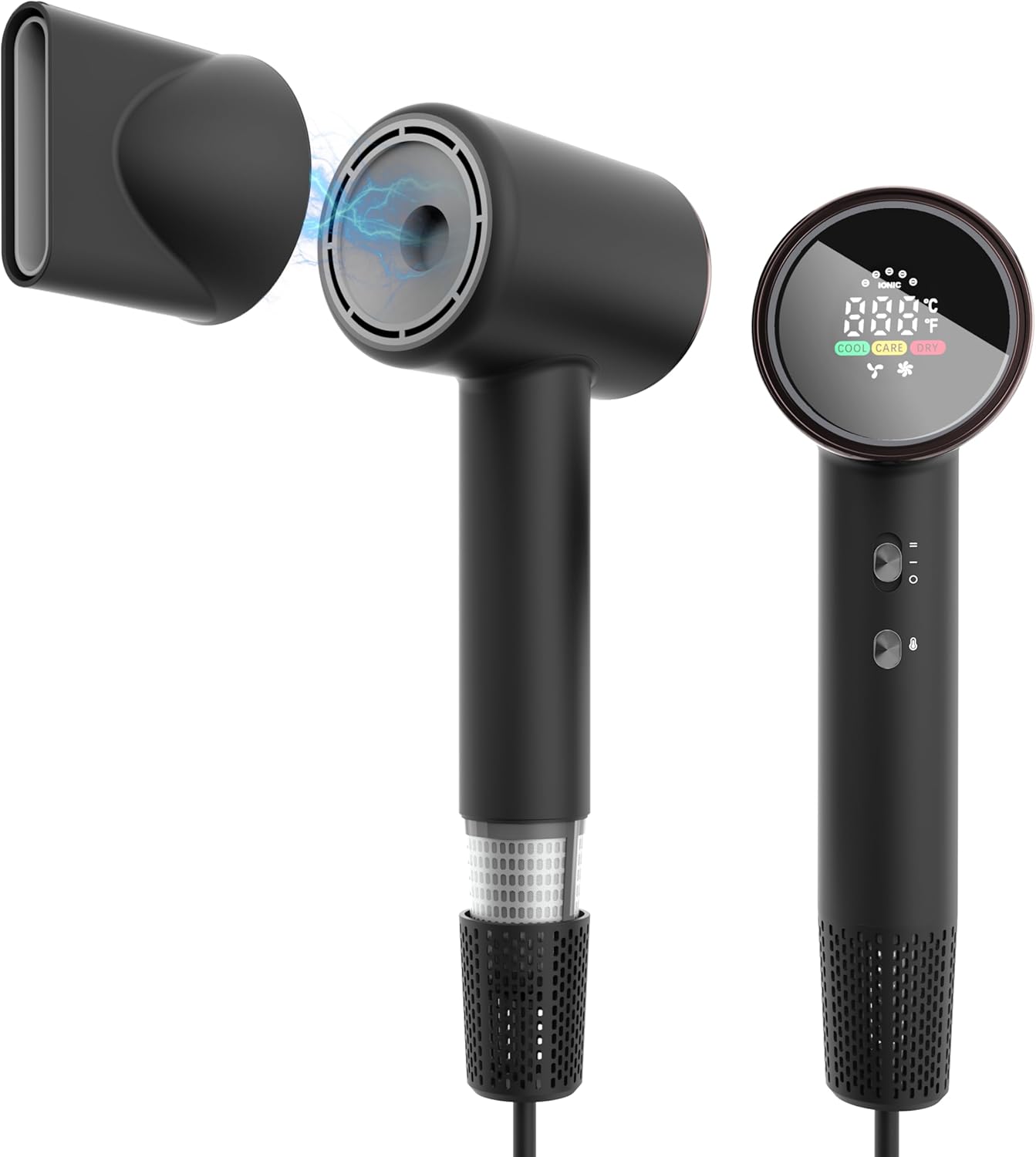 Professional Lightweight Ionic High Speed Hair Dryer 1500W with Nozzle - 110,000RPM Motor, High-Density Negative Ions Fast Drying Blow Dryer，4 Heat & 2 Speed Settings, LCD Display, Quiet