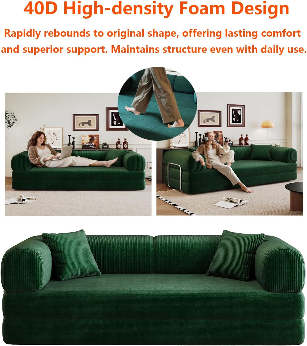 Convertible Sleeper Sofa Bed with Cylindrical Pillow, 79 Inch Oversized Corduroy Upholstered Boneless Couch,Love Seat Floor Sofas Living Room,Small Space Apartment,Office (Green)