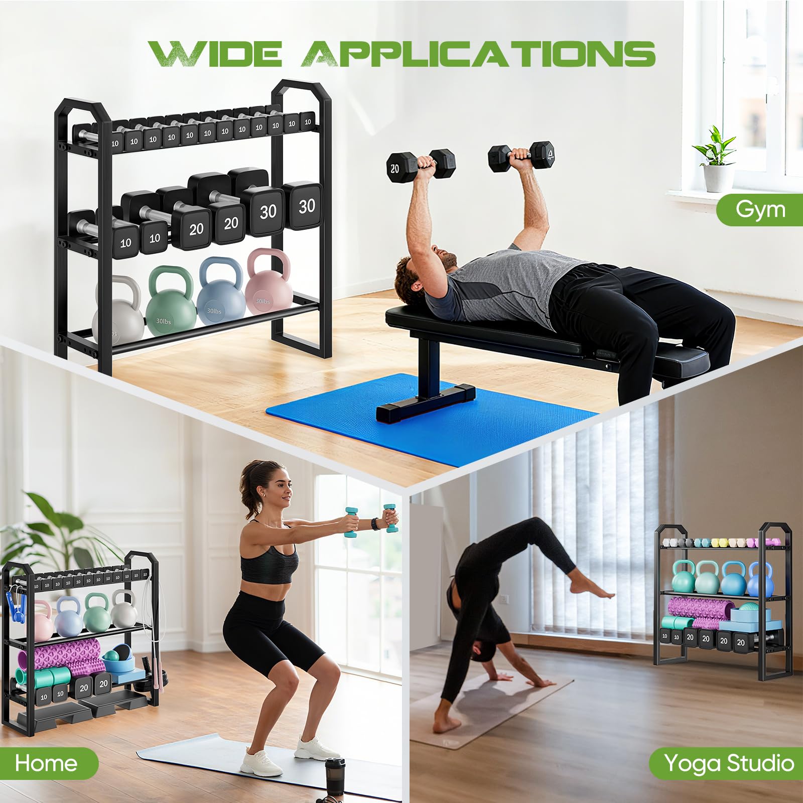 Soporte Mancuernas 3 Niveles, Estantería de Almacenamiento de Pesas Estructura en H 360 LB, Organizador de Metal con 3 NivelesAjustables, Revestimiento en Polvo para Gimnasio en Casa