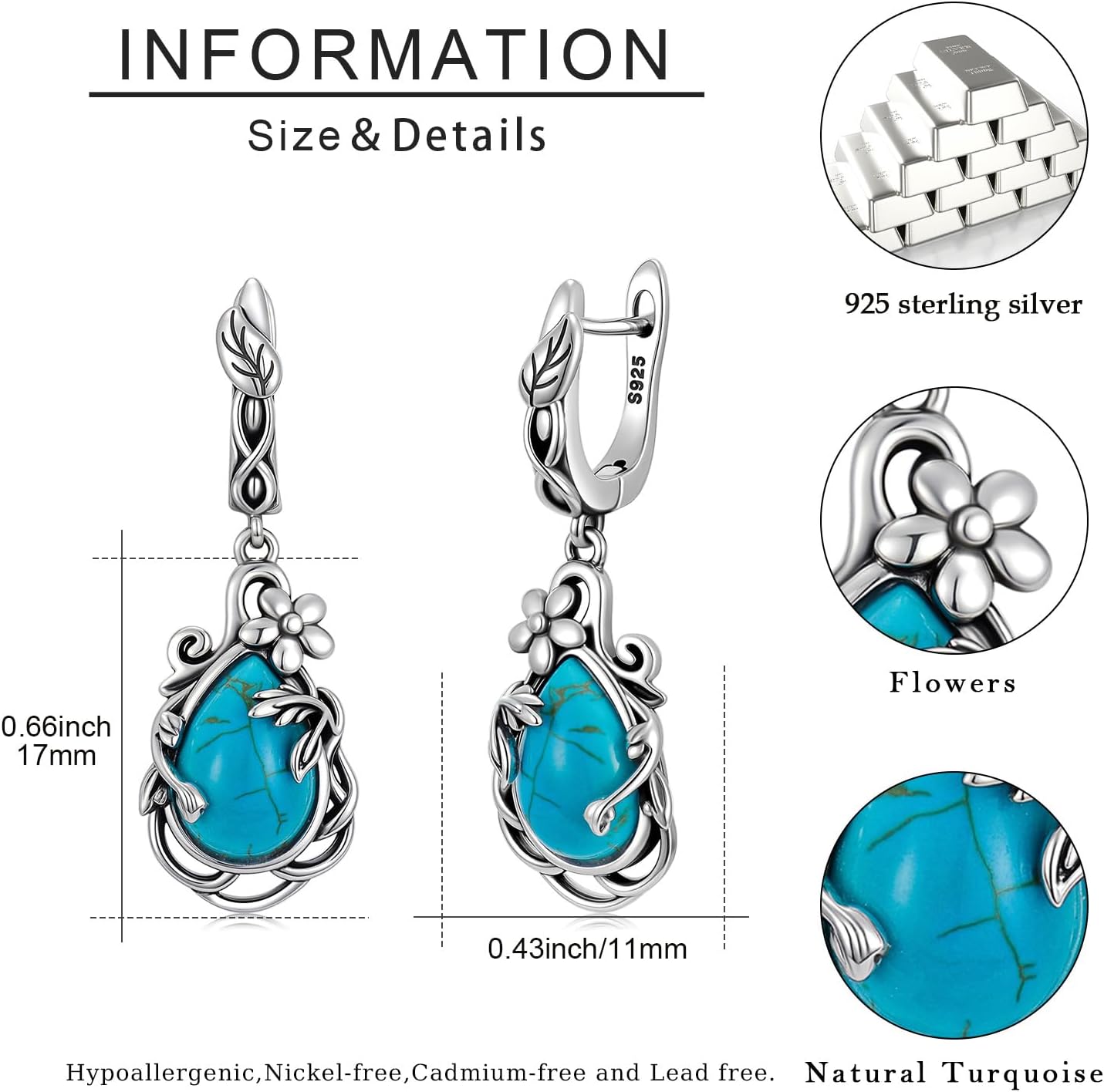 Natural Turquoise Earrings for Women Dangling 925 Sterling Silver Dangle Earrings Western Jewelry Valentine's Day Jewelry Gifts