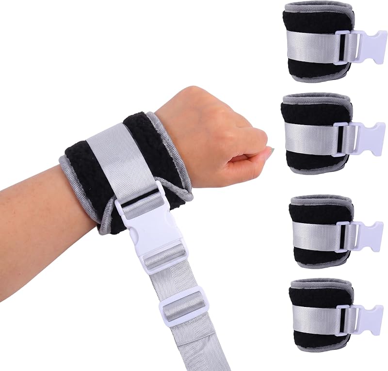 Correas de sujeción para pacientes médicos con forro polar, cinturones de cama con hebilla de liberación rápida para muñeca y tobillo, negro, paquete de 4