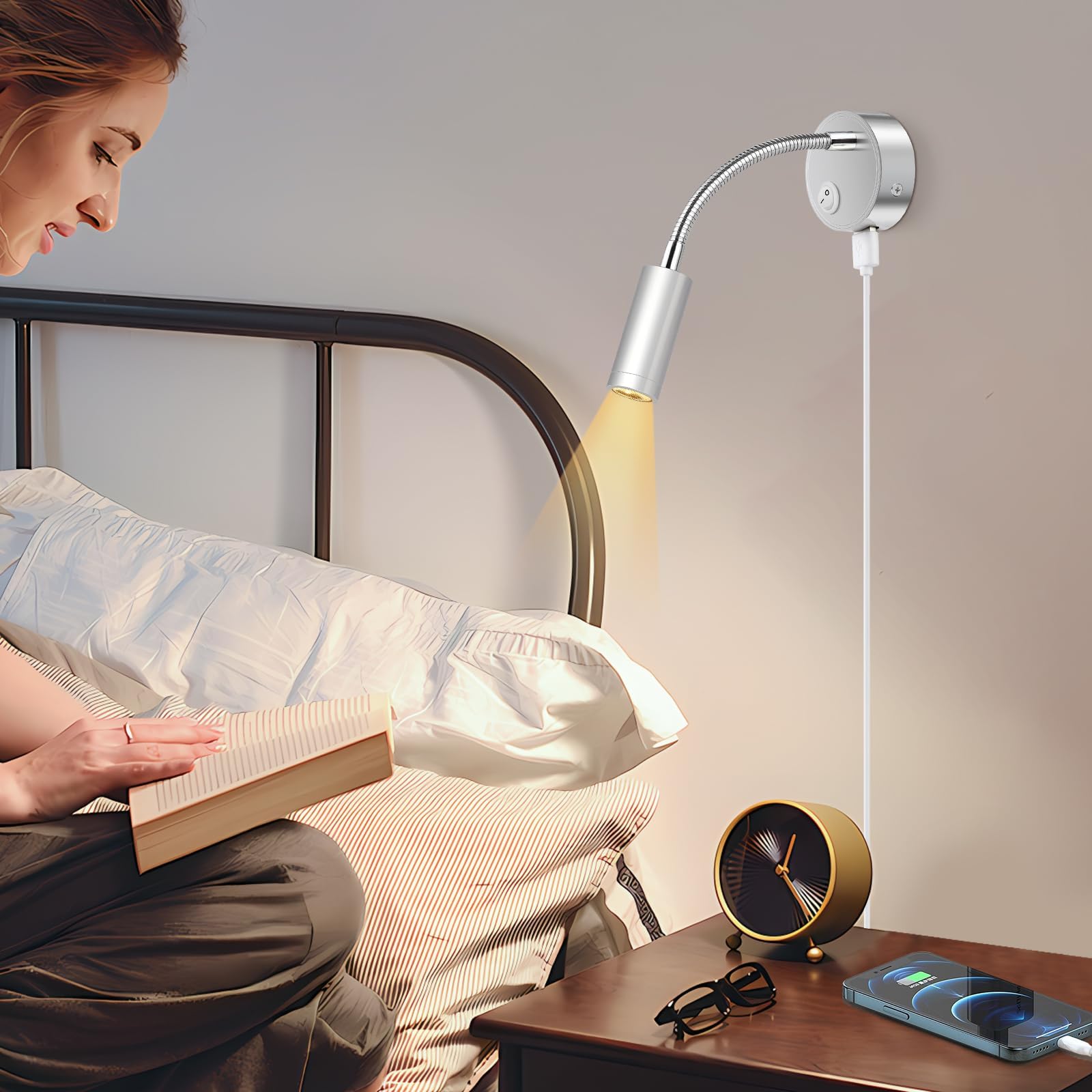 Lampada Da Lettura LED Per Camper/Caravan - 12V, Dimmerabile, Con Porte USB-A E USB-C, Collo Flessibile