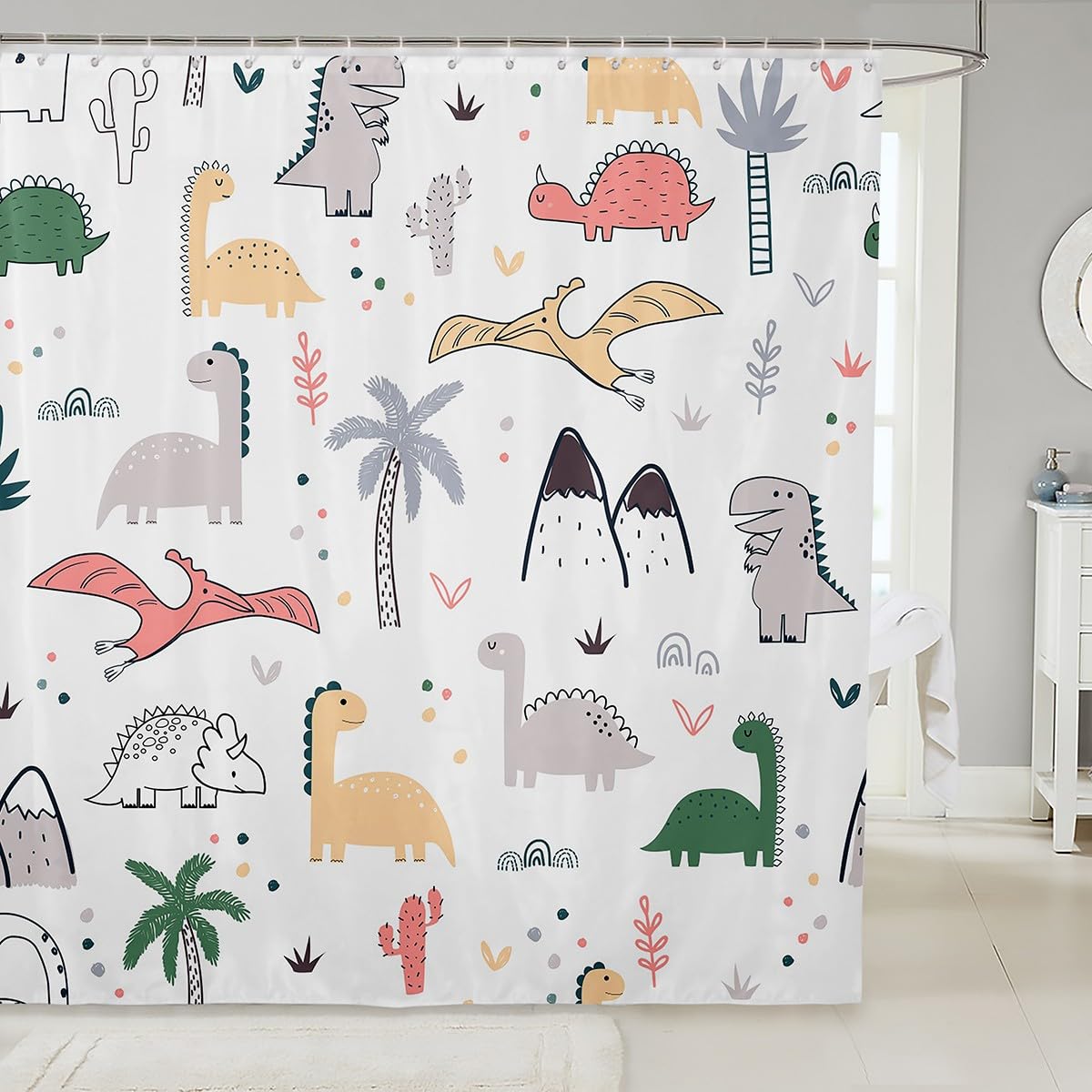 Baby Dinosaur Bathroom Shower Curtain Set Kids Cartoon Dinosaurs Shower Curtain Nursery Dino Bath Curtain for Child Boys Girls Jungle Animals Waterproof Shower Curtain with Hooks Room Decor 72x72 Inch