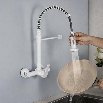 Spring Kitchen Taps with Pull Out Spray, Wall Mounted Gooseneck Mixer Tap Kitchen Sink Stainless Steel,White