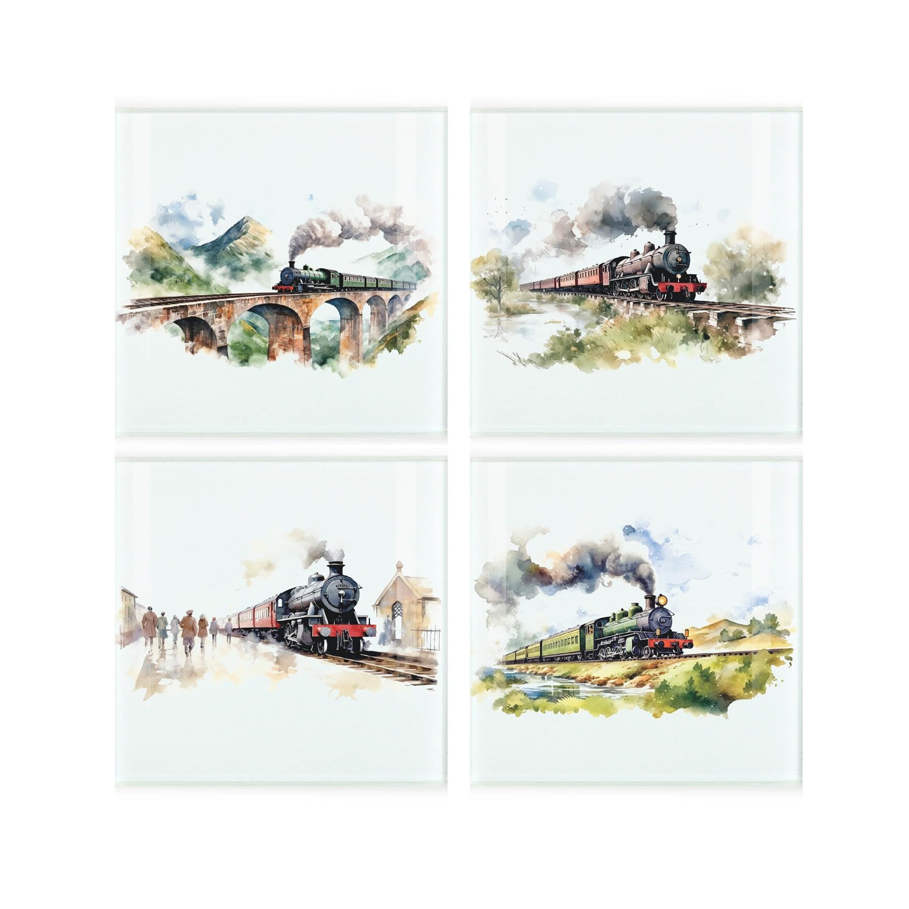 Purely Home Clear Great British Uk Steam Trains Coaster Set - Square Glass Painted Scene Design - Set Of Four (4) Coasters