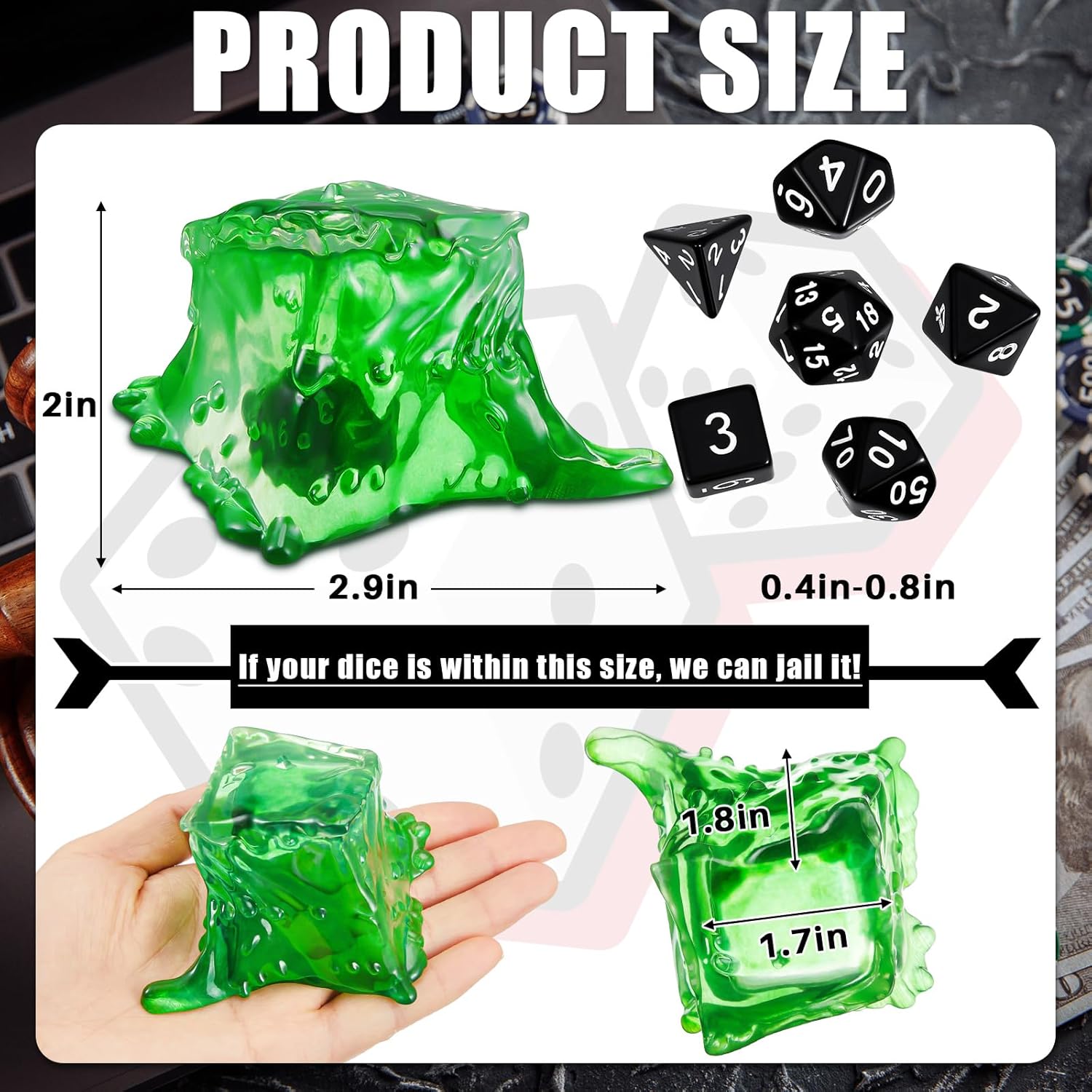 Deekin Dice Jail Gelatinous Cube Dice Prison Resin Cube 7 Role Playing Cage with Container Black Polyhedral Set Miniature Accessory for Gatherings Activity Party Gift Set(Green)