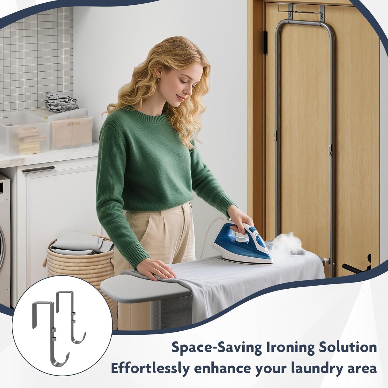 GOFLAME Over Door Ironing Board, Hanging Ironing Board with Iron Holder & Heavy-Duty Metal Frame, Space-Saving Folding Iron Board for Laundry Bathroom, Small Spaces, 42” x 16.5” x 50” (L x W x H)